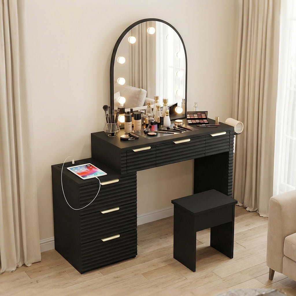 AraSyleon Makeup Vanity Desk with Mirror Lights Black, Glass Tabletop 3 Lighting Modes Adjustable Vanity Table Modern Makeup Desk with Chair Power Outlet and 6 Drawers for Bedroom