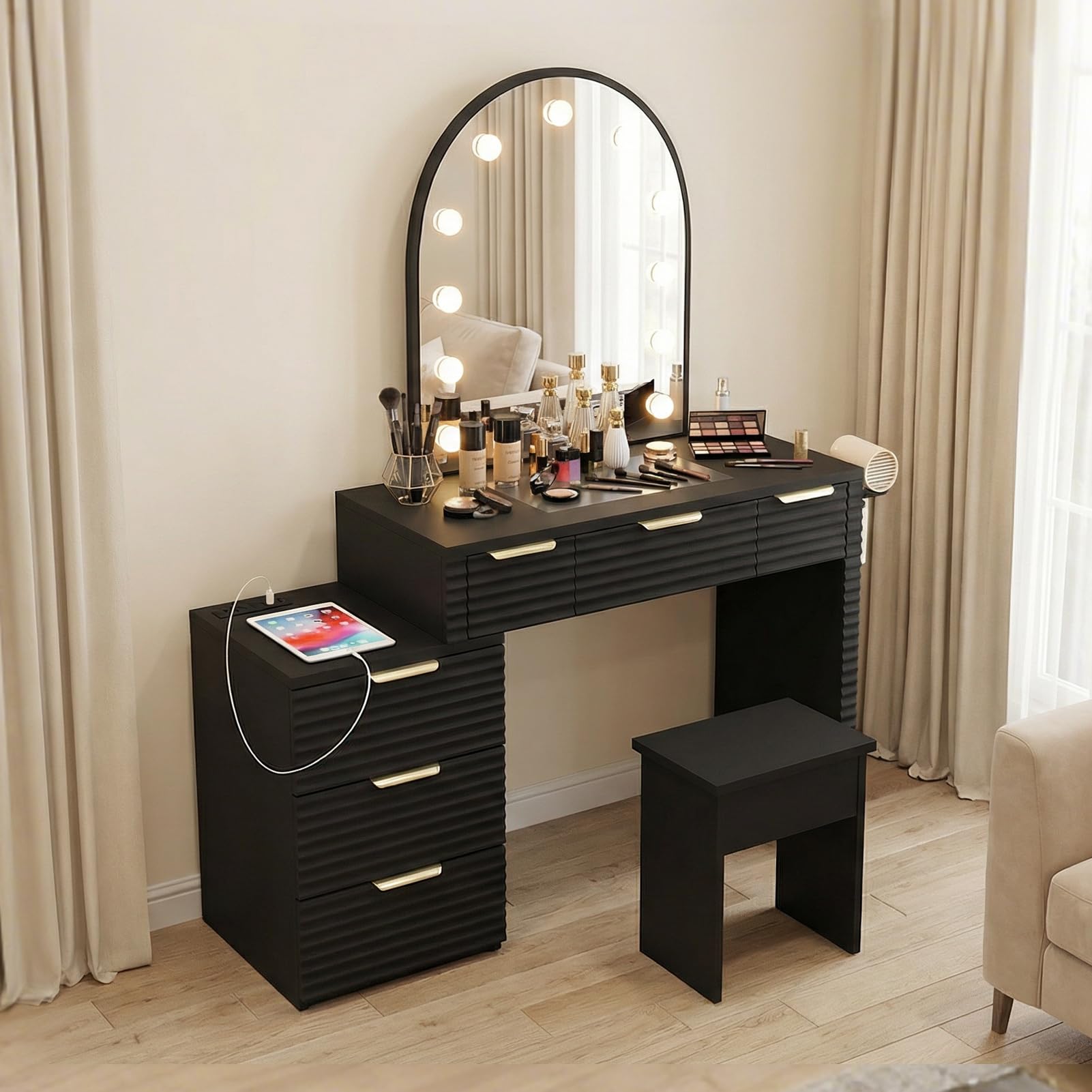 AraSyleon Makeup Vanity Desk with Mirror Lights Black, Glass Tabletop 3 Lighting Modes Adjustable Vanity Table Modern Makeup Desk with Chair Power Outlet and 6 Drawers for Bedroom