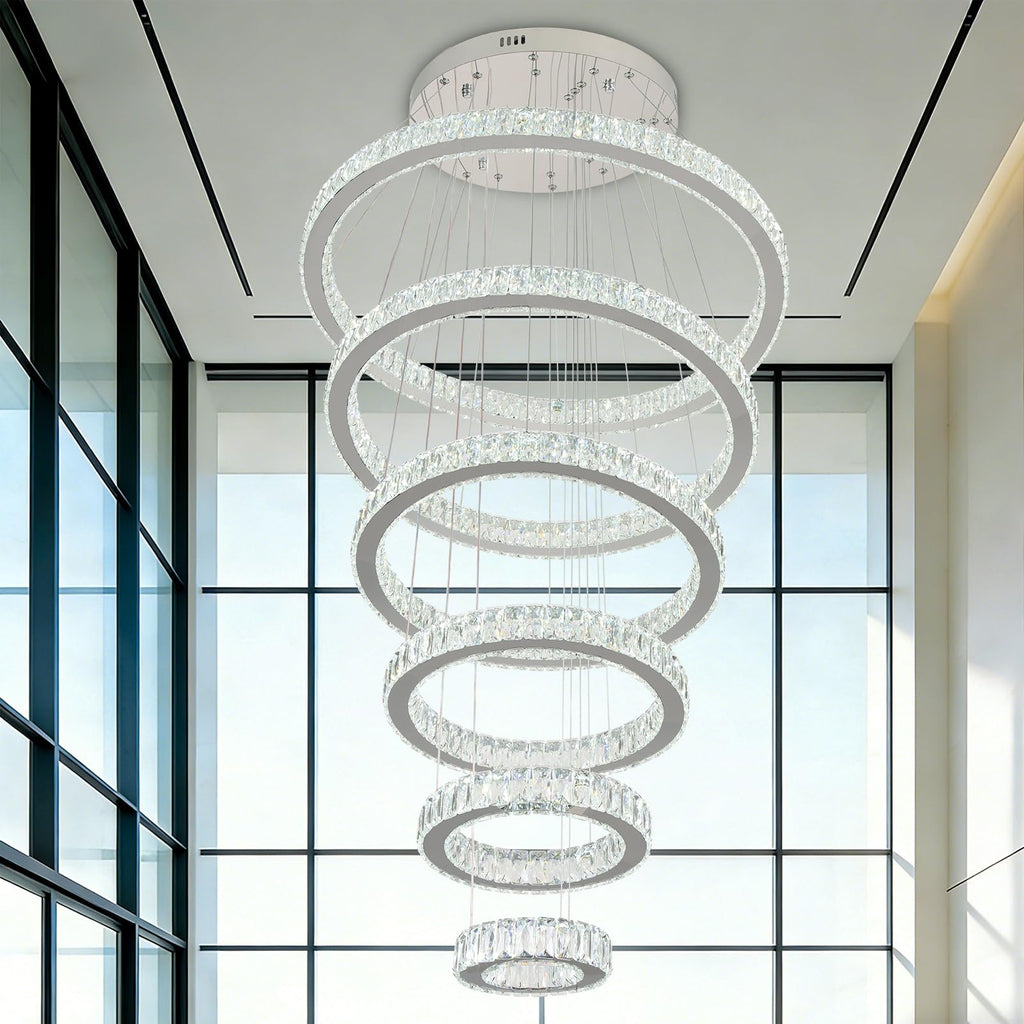 Finktonglan 6-Ring Crystal LED Chandelier, Cool White 6000K Modern Pendant Light, Adjustable Height up to 118", K9 Stainless Rings (Ø7.9–27.6"), Non-Dimmable for Foyer Stair Living Room