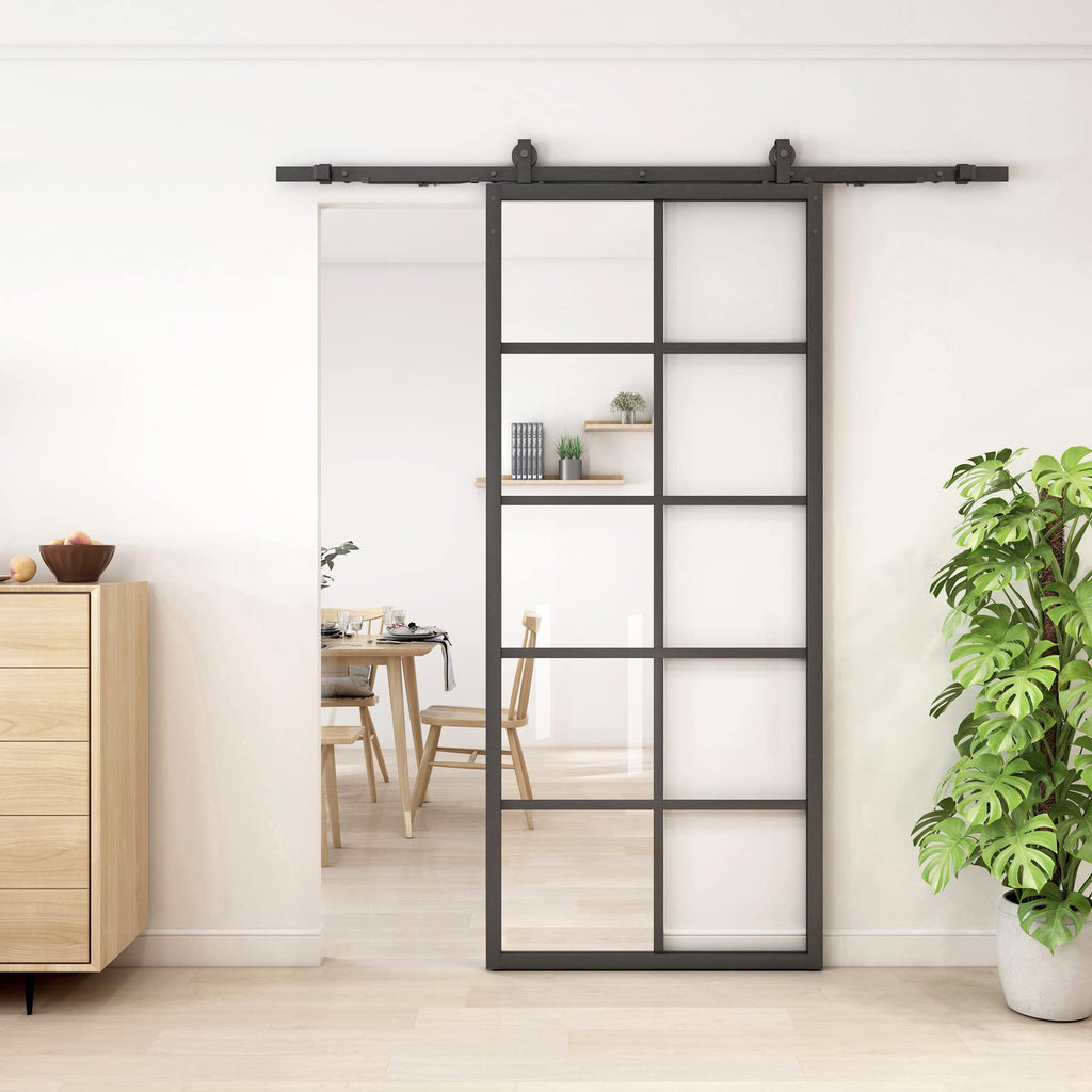 Jubest DIY Glass Sliding Closet Kitchen Door, 36in x 84in Modern French 5-Lite Clear Tempered Glass Aluminum Frame, Easy Assembly