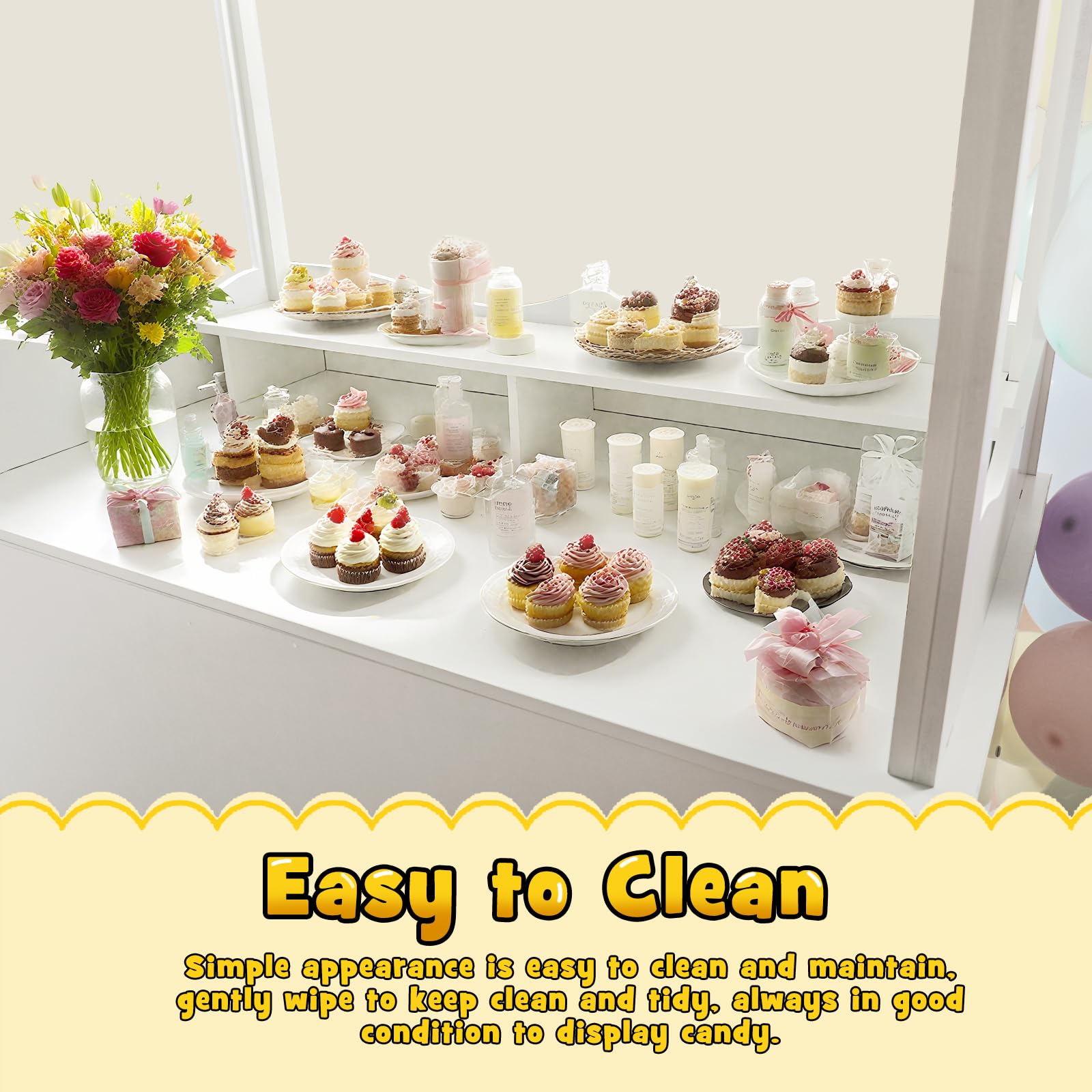 Gasgo Versatile Dessert Cart with Fixed Wheels - 70"x40"x22" Charcuterie Station, Candy Display Stand for Business, Flower Cart with Included 100 Balloons & 1 String Lights, White