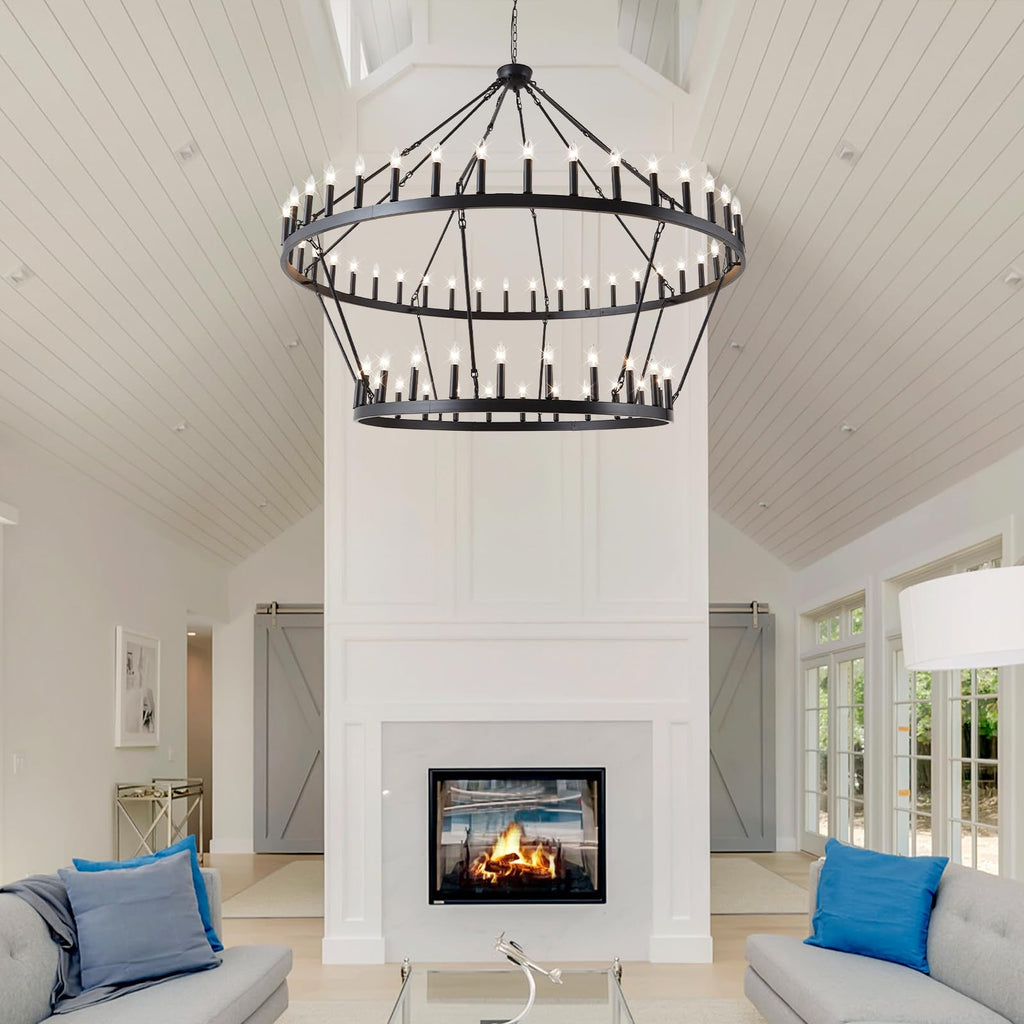 VBKK Wagon Wheel Chandelier Farmhouse 2 Tier 64-Light 70-Inch, Black Industrial Chandelier Rustic Candle Pendant Light Fixture Extra Large for High Ceilings, Dining Room, Living Room, Foyer, E12