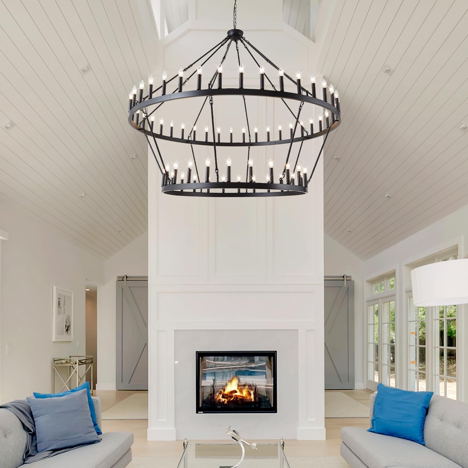 VBKK Wagon Wheel Chandelier Farmhouse 2 Tier 64-Light 70-Inch, Black Industrial Chandelier Rustic Candle Pendant Light Fixture Extra Large for High Ceilings, Dining Room, Living Room, Foyer, E12