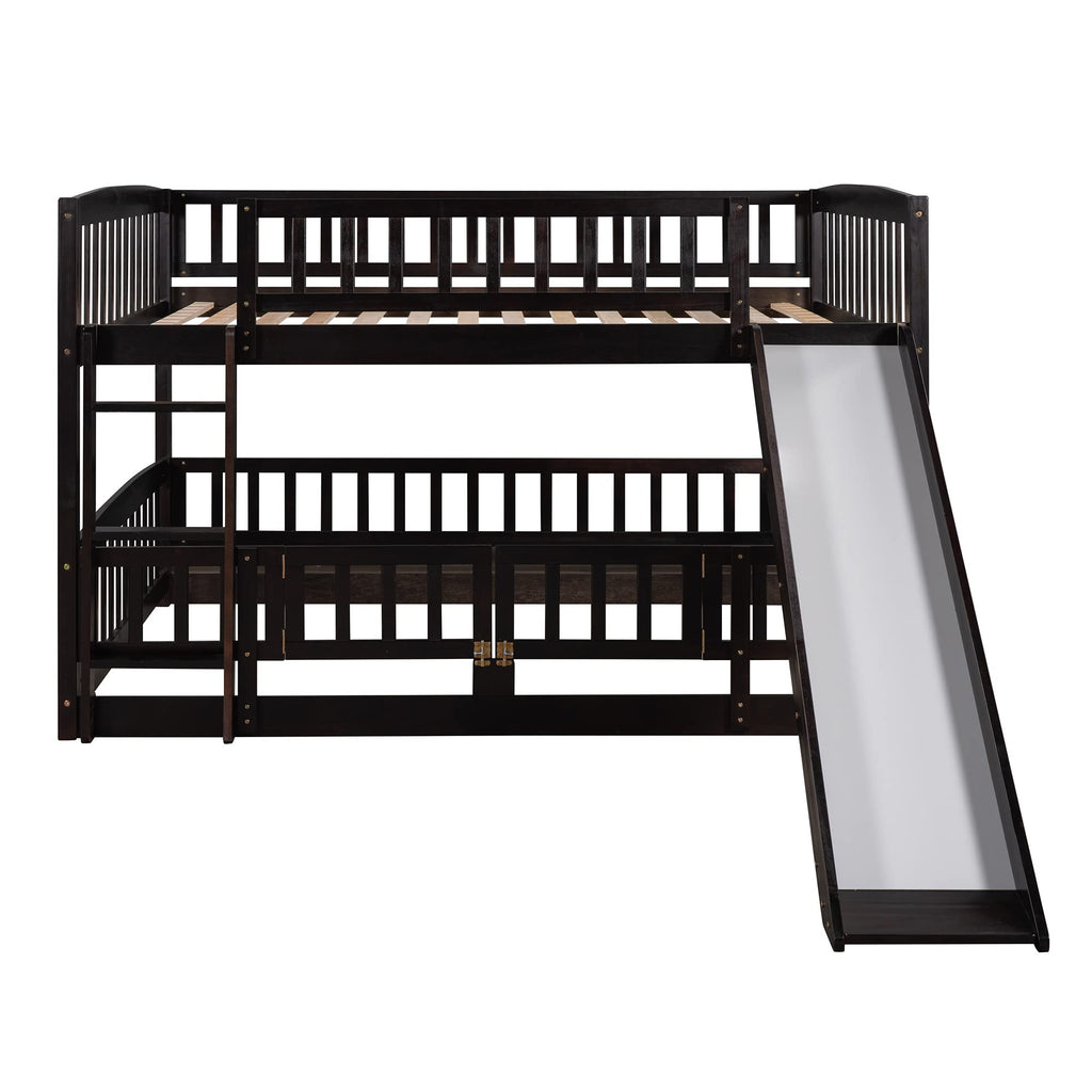 Bellemave Bunk Bed Full Over Full with Slide and Stairs, Bunk Bed for Kids, Girls, Boys, Floor Bunk beds with Fence and Door, Espresso