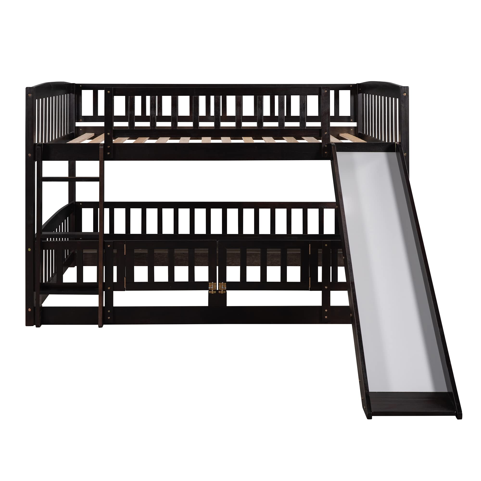 Bellemave Bunk Bed Full Over Full with Slide and Stairs, Bunk Bed for Kids, Girls, Boys, Floor Bunk beds with Fence and Door, Espresso