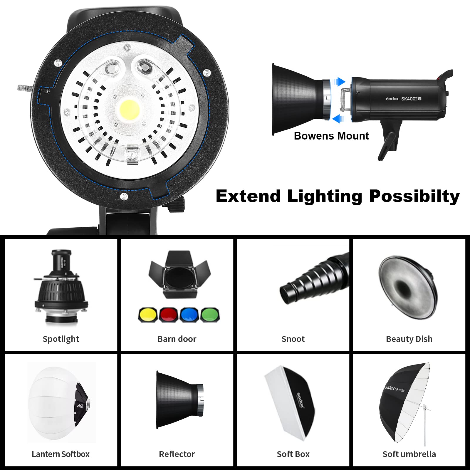 Godox SK400IIV 800W Professional Studio Strobe Flash 2Pack Kit 5700±200K with Standard Reflector,BD-04,Softbox,Umbrella,Light Stand,for Photography 2.4G Wireless X System Bowens Mount
