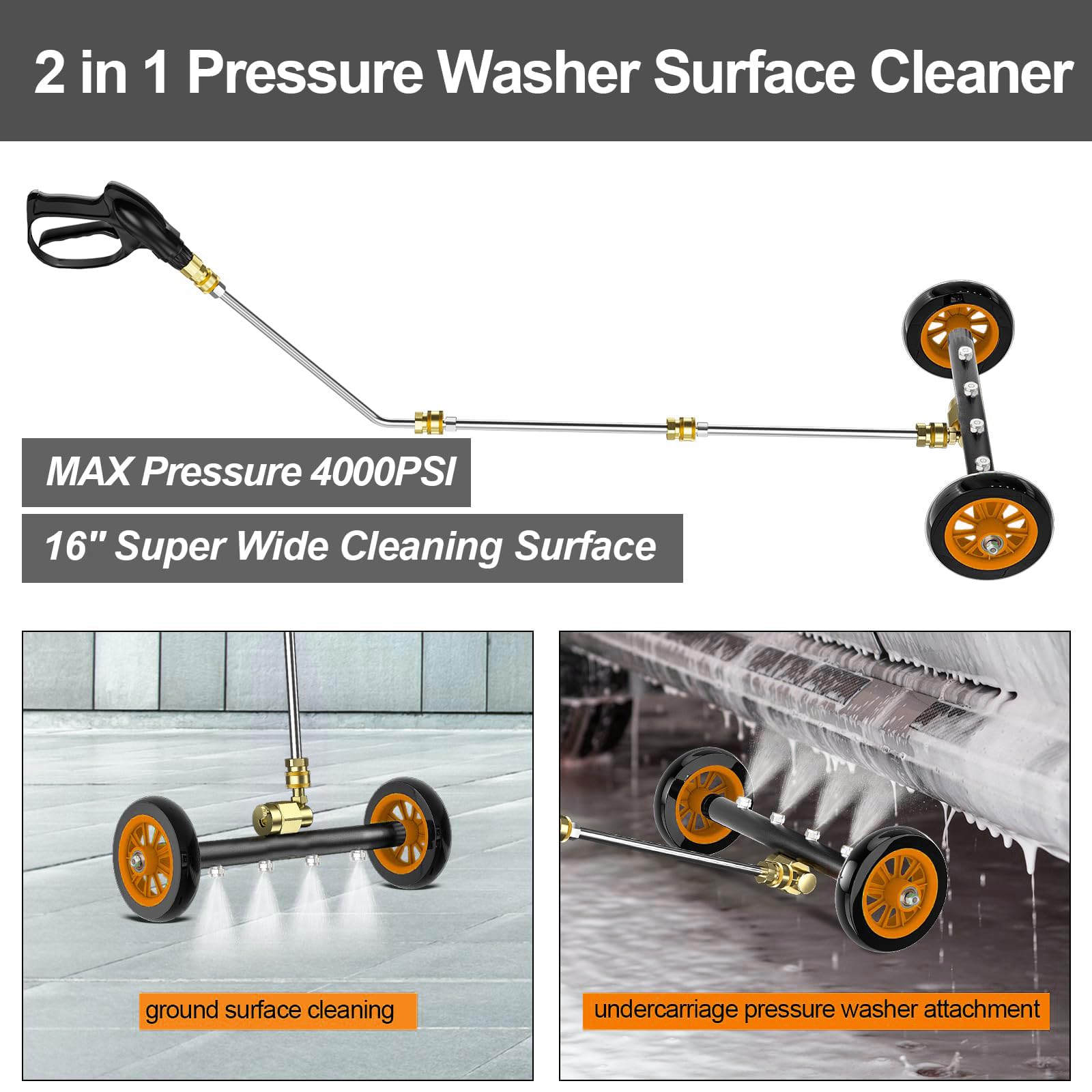 TRELVEX Undercarriage Pressure Washer Attachment Pro Max 16", Surface Cleaner Water Broom with 3pcs ExWand and Quick Connect Pivot Coupler 4000psi, 2in1 Underbody Car Washer
