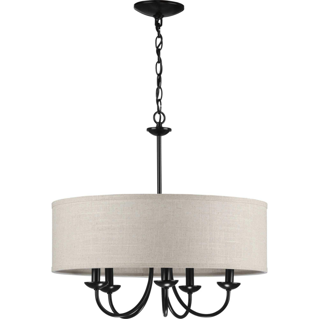 Progress Lighting Drum Shade Collection Five-Light Chandelier, Farmhouse Style Hanging Ceiling Light Fixture for Dining Rooms, Foyers, Harvest Linen Shade, Matte Black