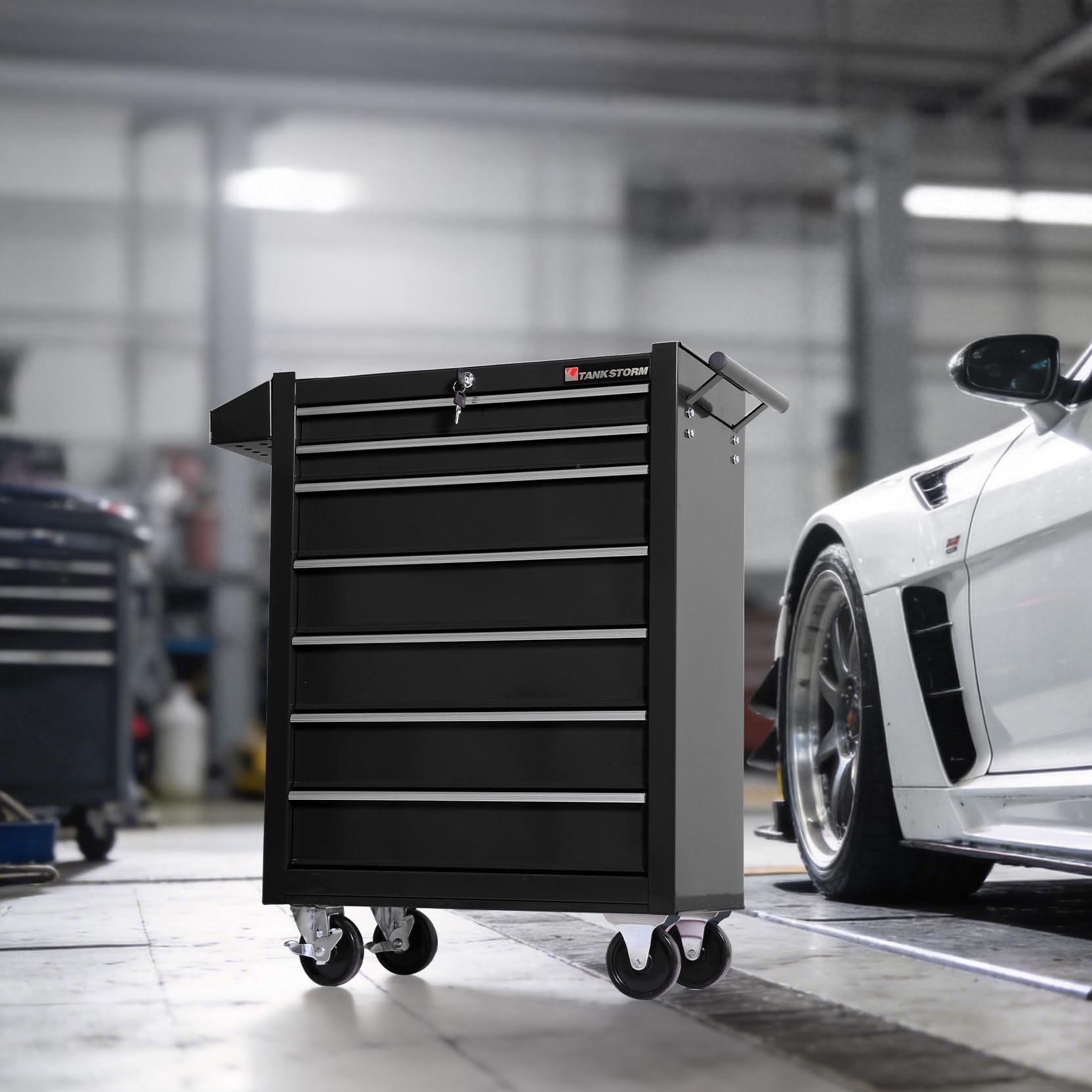 TANKSTORM Tool Chest Heavy Duty Cart Steel Rolling Tool Box 7 Drawer Cart (TZ37-BK)