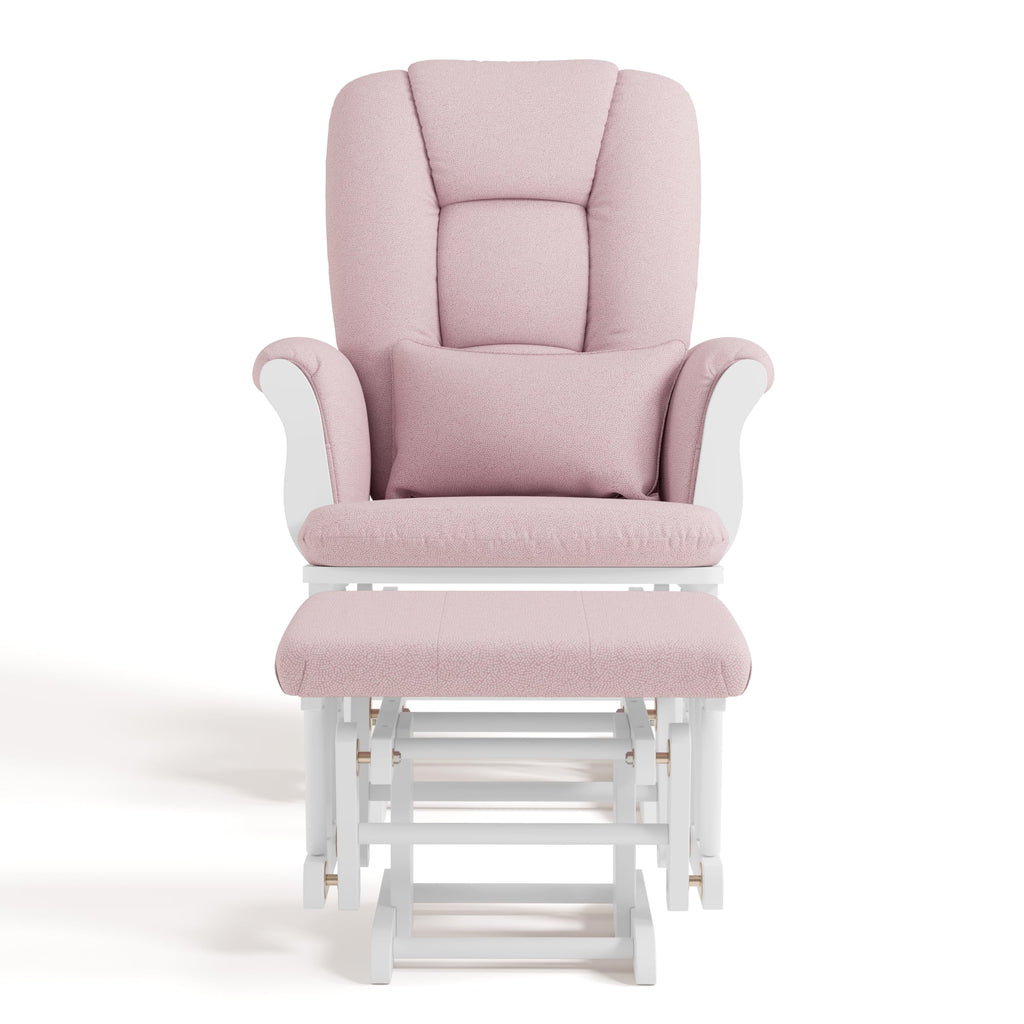 Storkcraft Tuscany Custom Glider and Ottoman with Free Lumbar Pillow (White/Pink Blush Swirl) - Cleanable Upholstered Comfort Rocking Nursery Chair with Ottoman