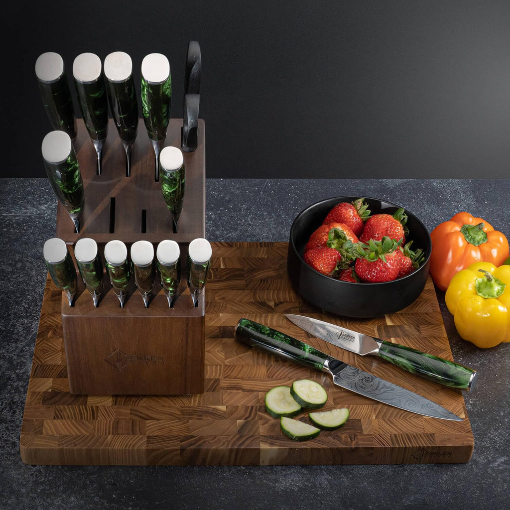 SENKEN Engraved Japanese Kitchen Knife Set with Beautiful Green Resin Wood Handles - Wasabi Collection - Chef's Knife, Bread, Cleaver, Paring, & More (16-Piece Knife Block Set)