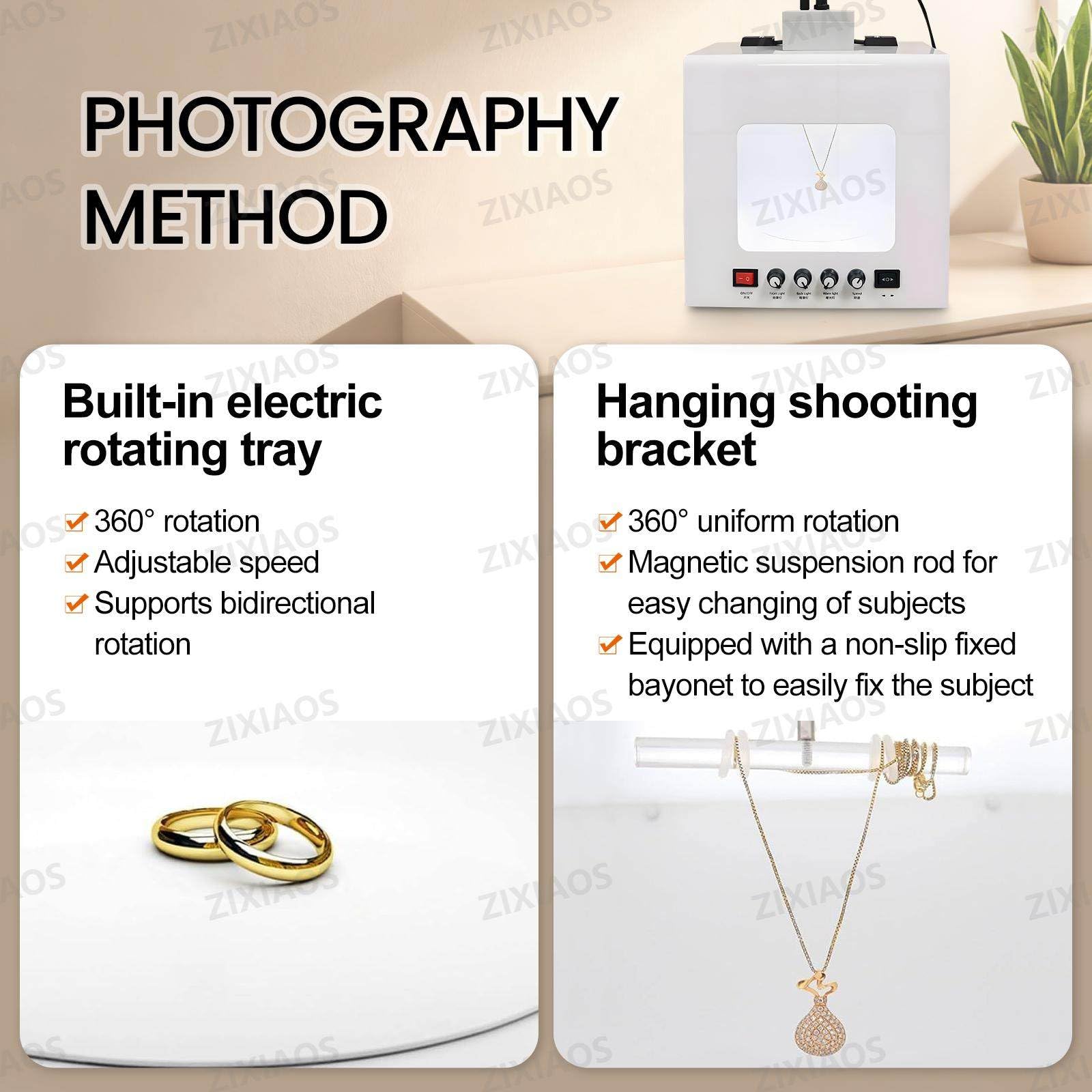 ZIXIAOS Jewelry Photography Light Box Kit with 360° Electric Rotating Feature, 4PCS Fill Lights-Adjustable Brightness,Mini Photo Studio Softbox,Support Jewelry Hanging or Placing 20cm