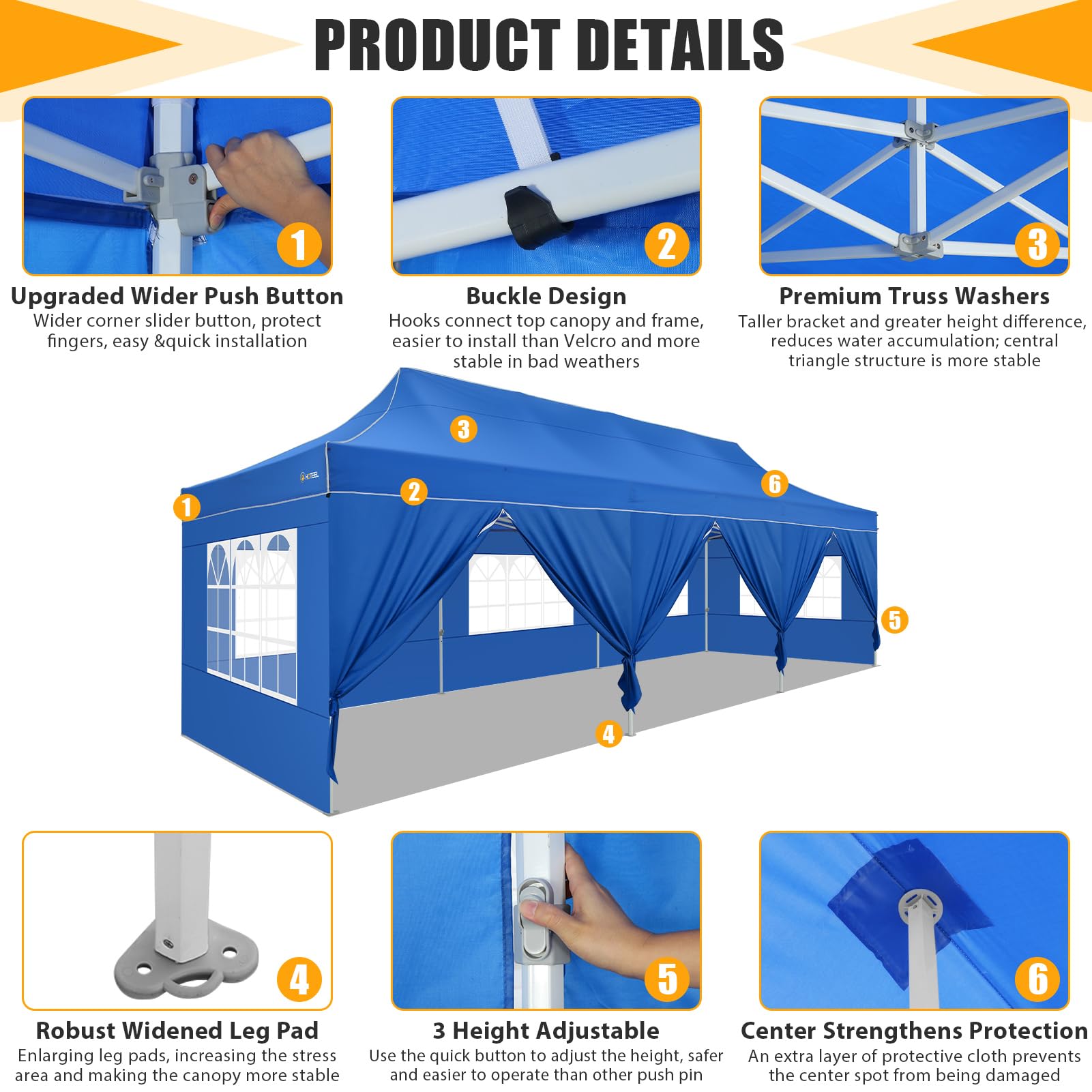 COBIZI 10x30 Heavy Duty Pop up Canopy Tent for Parties with 8 Sidewalls, Easy Setup Outdoor Commercial Gazebo for Wedding Event, Party Tent with Portable Bag & Sand Bags, Blue