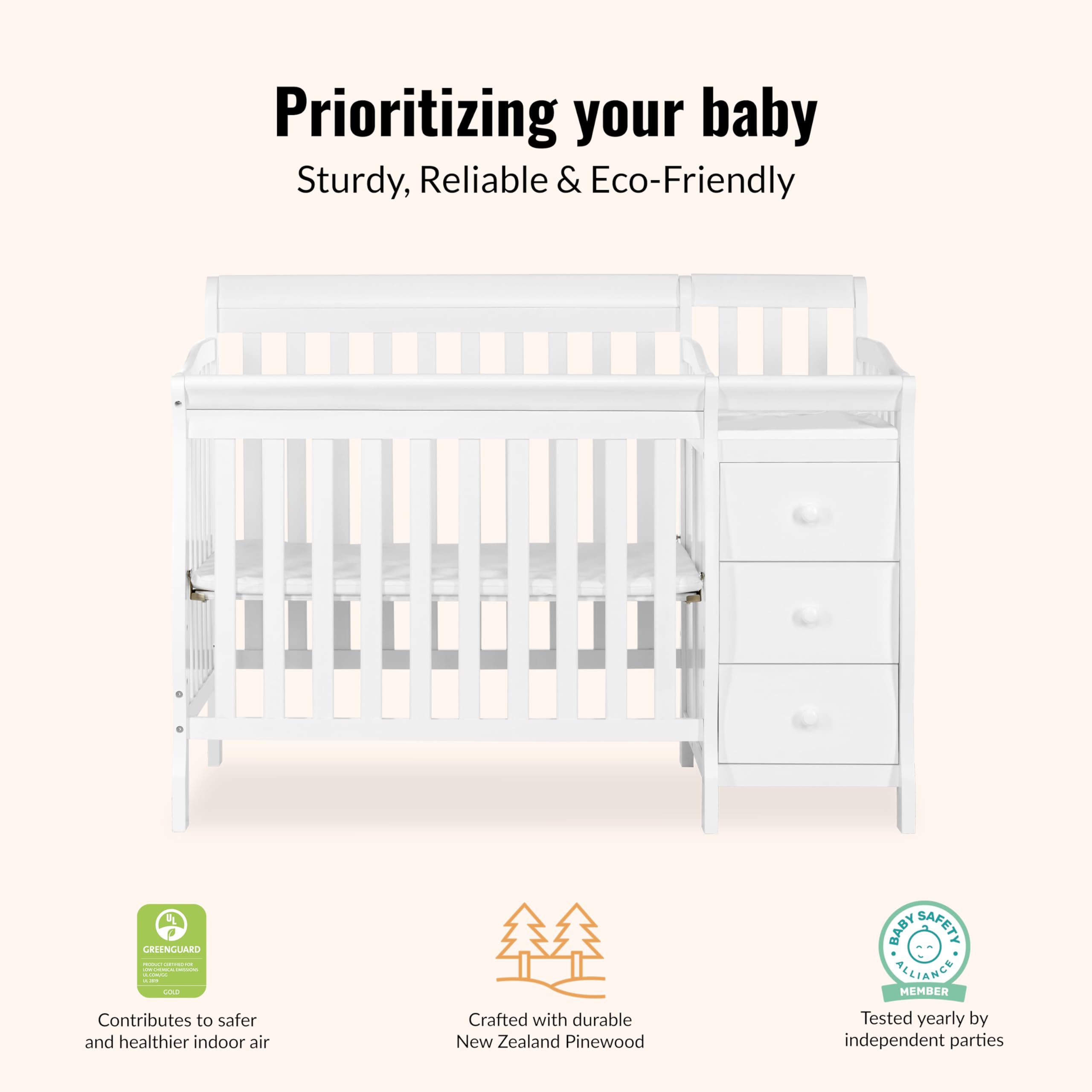Dream On Me Jayden 4‑in‑1 Mini Convertible Baby Crib & Changer with Storage in White, Pinewood, GreenGuard Gold & BSA, 1” Mattress Pad, 3 Mattress Heights, Converts to Mini Day & Twin-Size Bed