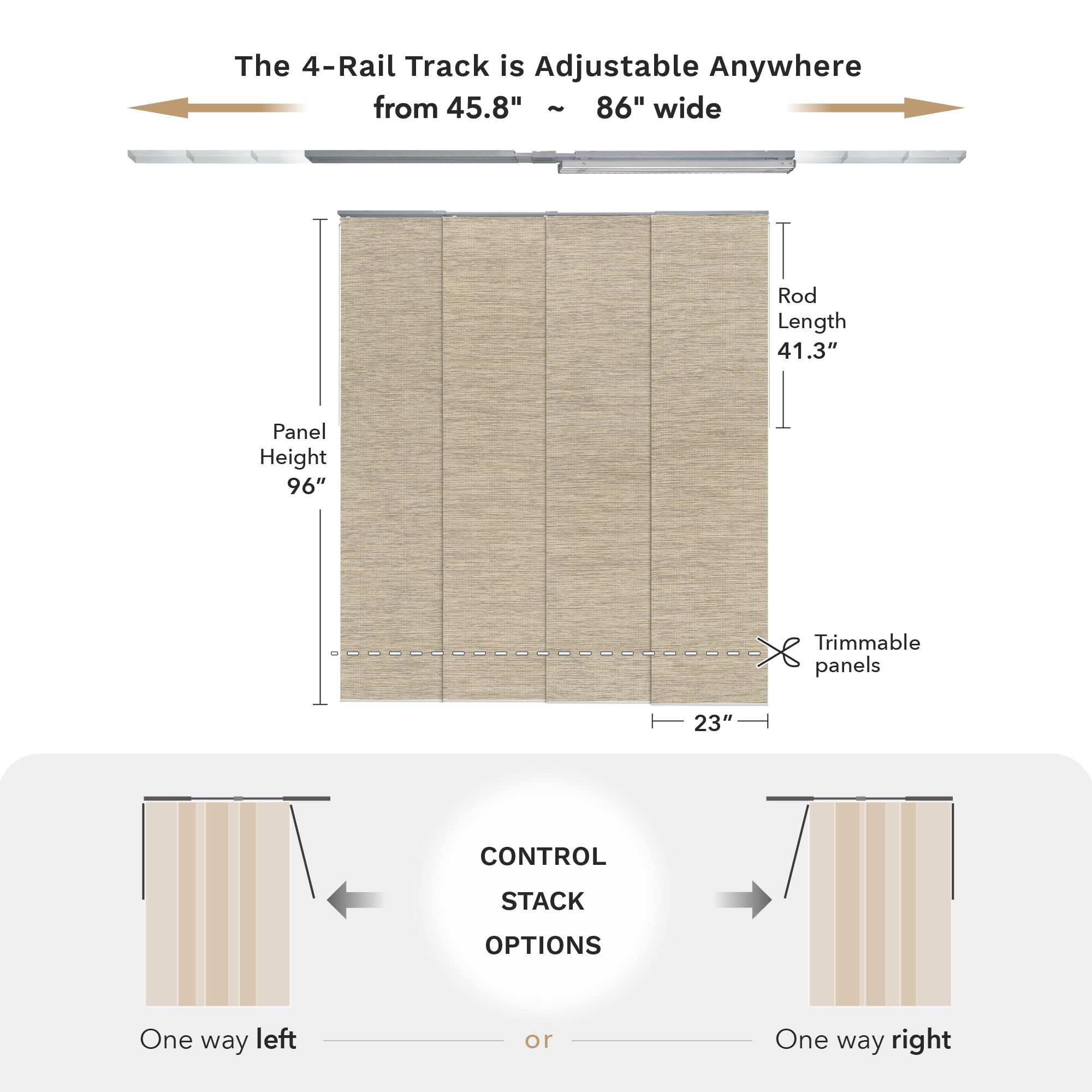 GoDear Design 99.99% Blackout Adjustable Sliding Panel Track Blinds for Sliding Glass Doors 45.8"- 86" W x 96" H, Extendable Vertical Blinds, Trimmable Natural Woven Panel, Bali Cottages