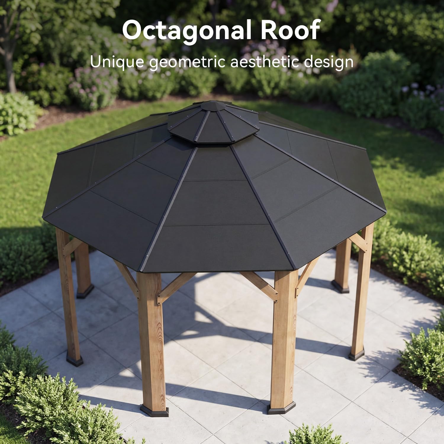 Aoxun 13' x 13' Outdoor Wood Gazebo, Hardtop Gazebo Permanent Wooden Pavilion with Galvanized Steel Double Roof, for Packyard, Garden, Deck, Cedar Wood