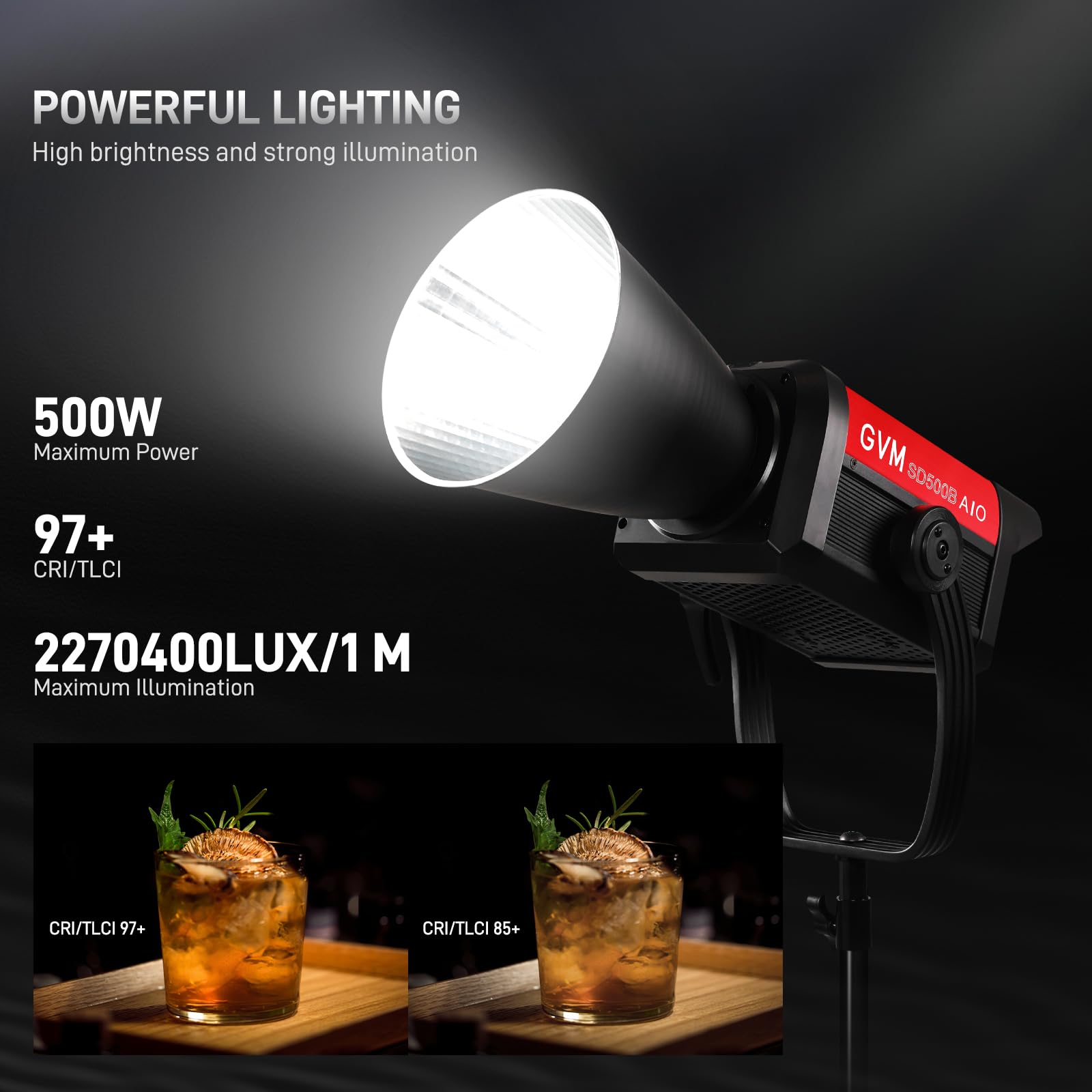 GVM 500W COB LED Video Light, APP Control, Bi-Color Continuous Output Lighting with Bowens Mount, 2700K-6800K, CRI/TLCI97+, 227040lux@1m, 12 Effects & 12 Sources for Studio Photography