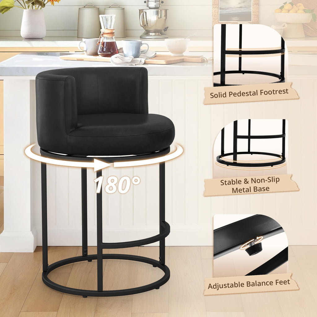 LUE BONA 26.8" Counter Height Bar Stools Set of 3, 180° Swivel Bar Stools, Modern Barrel Counter Stools with Back and Metal Frame, Faux Leather Upholstered Barstools for Kitchen Island, Black