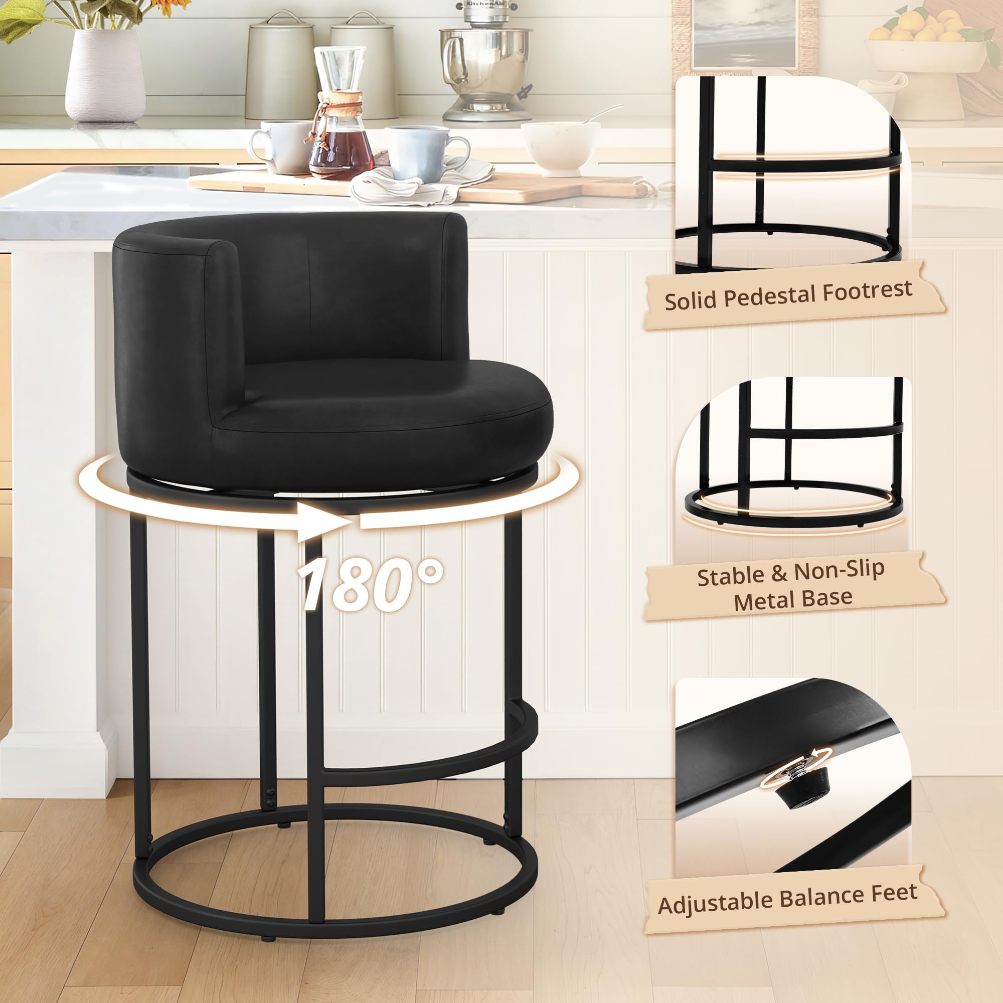 LUE BONA 26.8" Counter Height Bar Stools Set of 3, 180° Swivel Bar Stools, Modern Barrel Counter Stools with Back and Metal Frame, Faux Leather Upholstered Barstools for Kitchen Island, Black