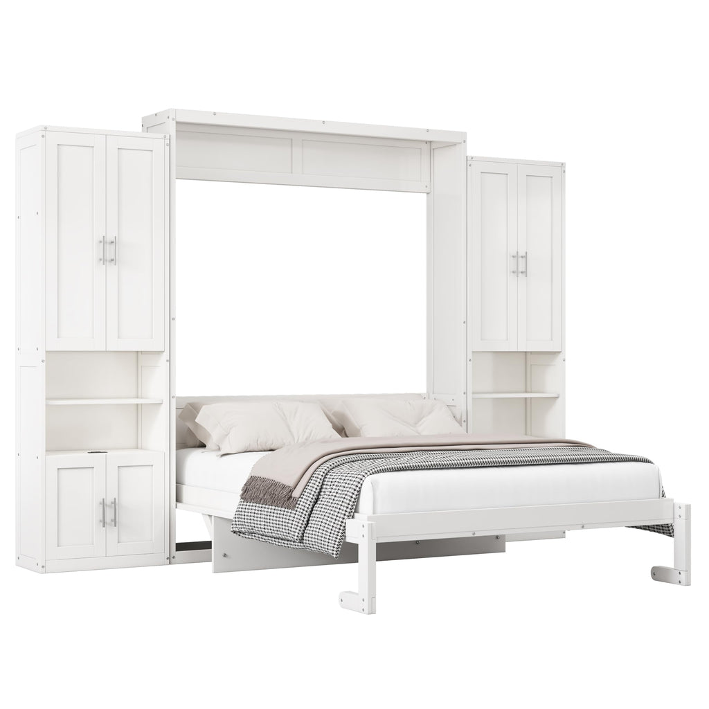 DNYN Queen Size Murphy Bed with Desk & Two Slide Storage Shelf for Small Space,Bedroom,Guest Room,Wooden Wall Bedframe w/Folding into Cabinet Design,Super Save Space & No Box Spring Needed, White
