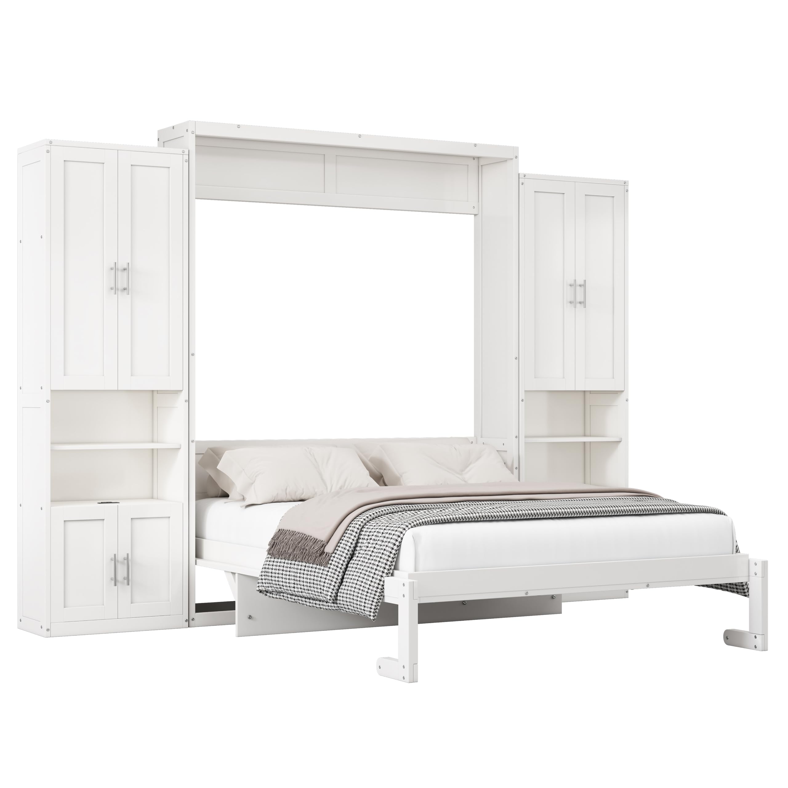DNYN Queen Size Murphy Bed with Desk & Two Slide Storage Shelf for Small Space,Bedroom,Guest Room,Wooden Wall Bedframe w/Folding into Cabinet Design,Super Save Space & No Box Spring Needed, White