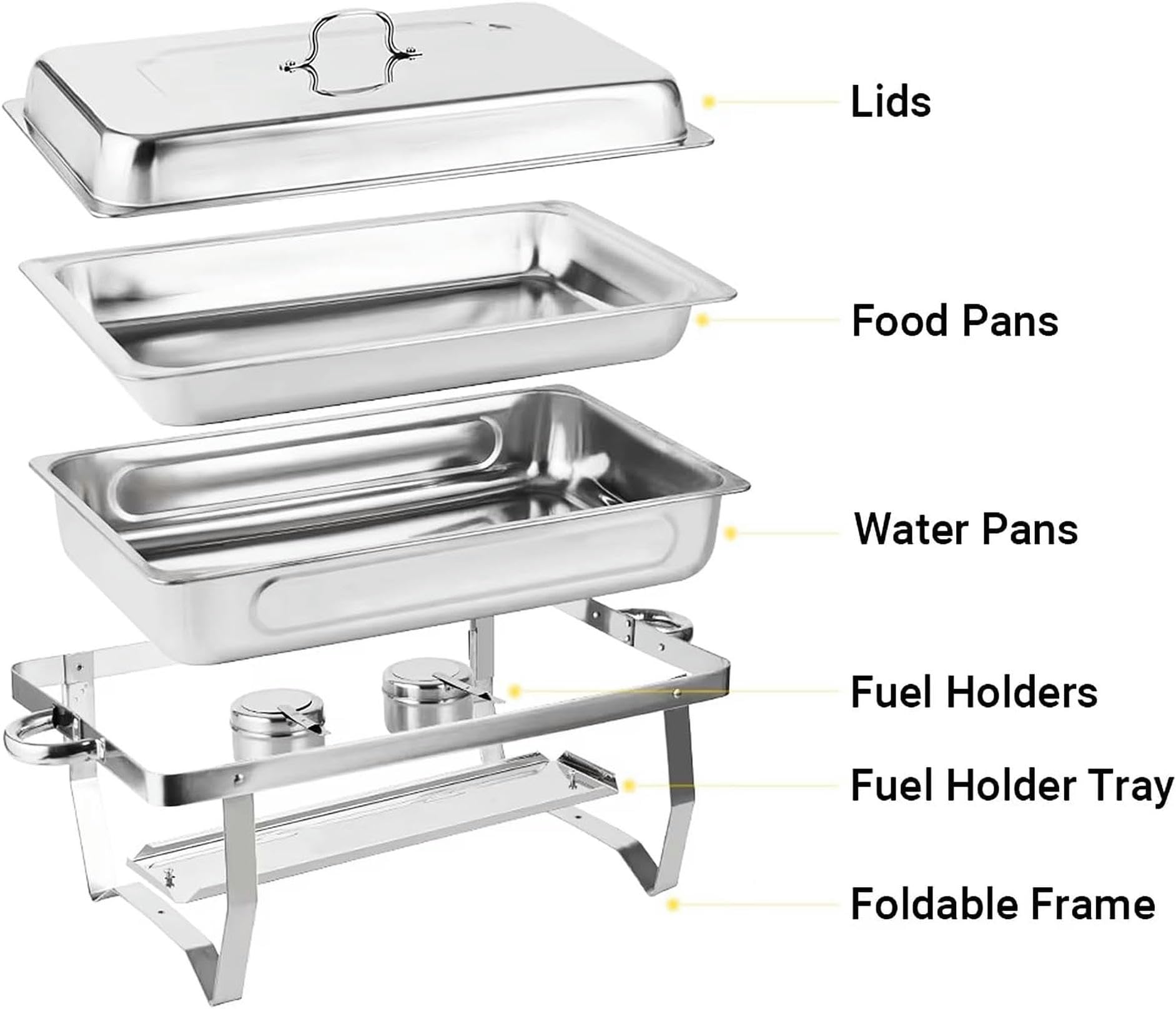 FENOKD Chafing Dish Buffet Set 2 Pack Stainless Steel Chafer for Catering, Full Size Rectangular Catering Chafer Warmer Set with Trays Pan Lid Folding Frame Stand.
