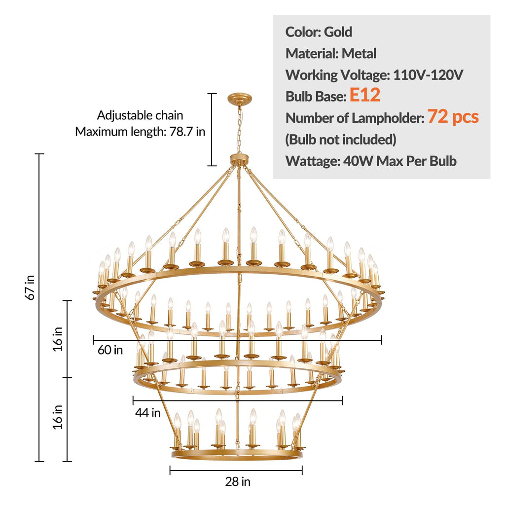 QJMPP 3 Tier Gold Wagon Wheel Chandelier,Extra Large 60-Inch 72-Light Circle Light Fixture,Round Chandeliers for Foyer Entryway Dining Room Living Room High Ceilings