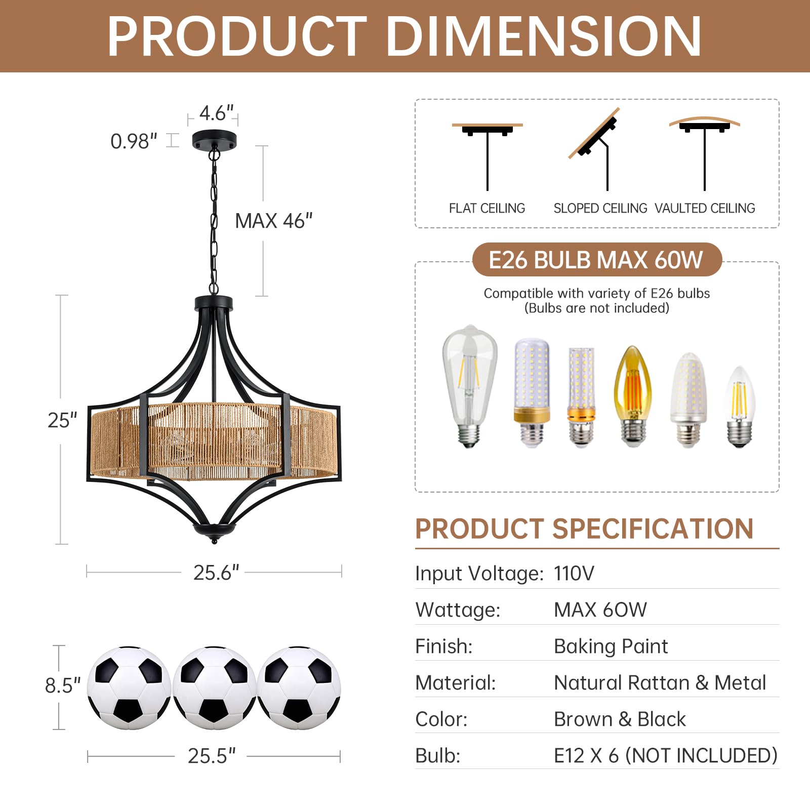 25.6" Rattan Farmhouse Chandelier Teardrop Light Fixtures, 6-Light Rustic Rattan Pendant Lighting with Straight Woven Shade Boho Black Hanging Light for Dining Room Living Room Kitchen Island Bedroom