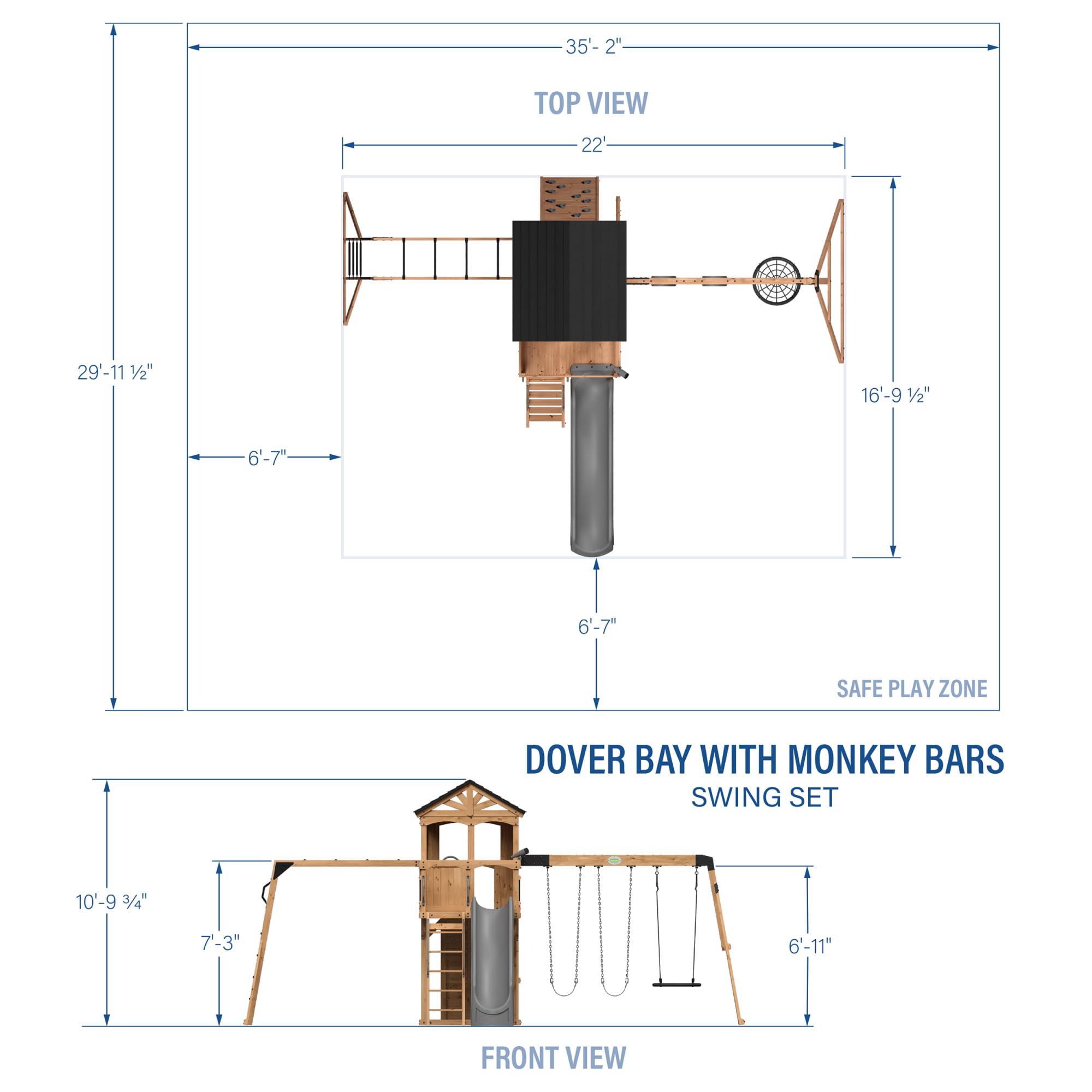 Backyard Discovery Dover Bay Spruce Wood Swing Set with Wave Slide, Clubhouse, Monkey Bars, Rock Wall, Belt Swings, Step Ladder, Toy Telescope, Chalkboard, Outdoor Playset