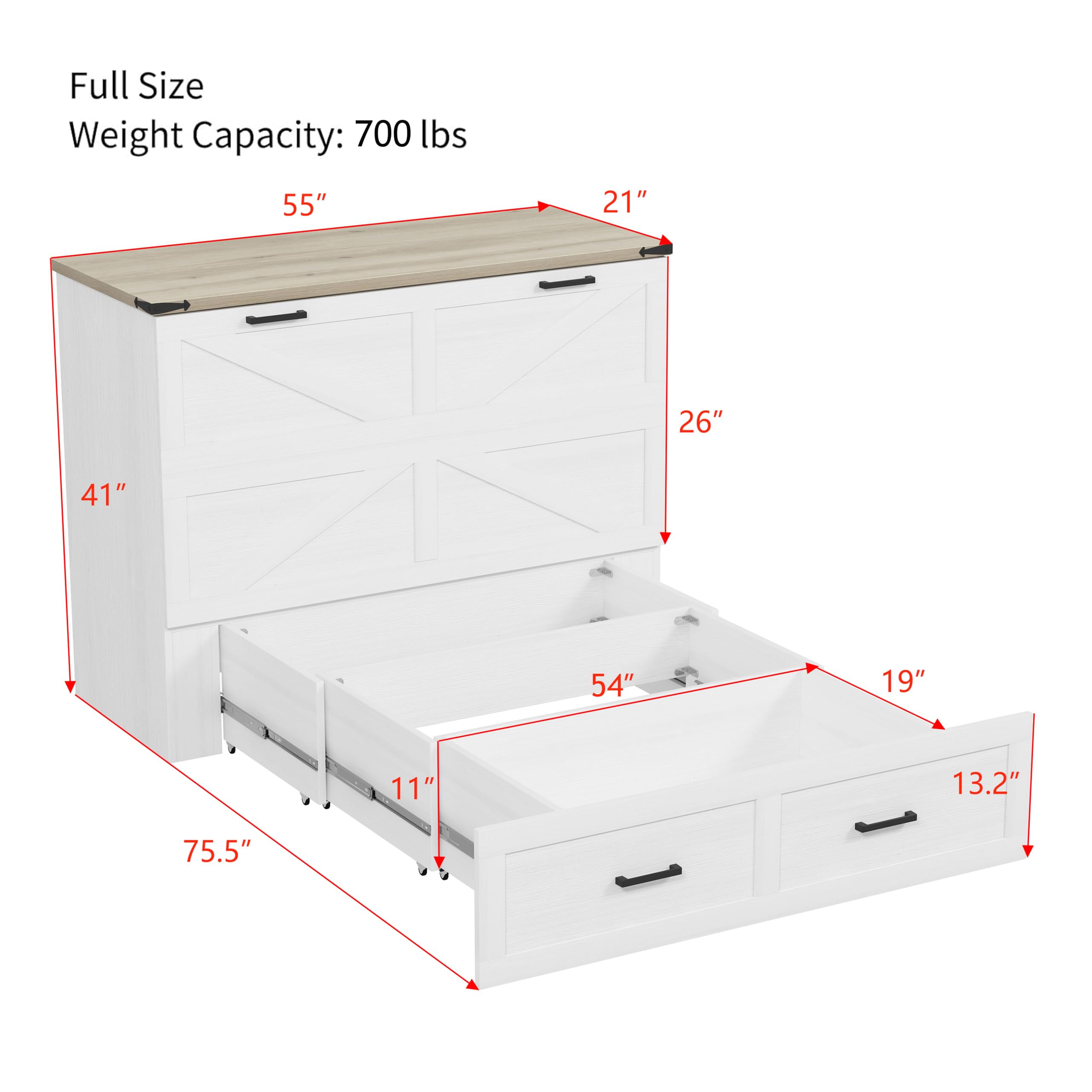 DNYN Farmhouse Murphy Cabinet Bed with Large Storage Drawer for Bedroom/Guest Room, Full-Size Foldable Wall Bed Frame with Charging Station, Space-Saving Design & No Box Spring Needed