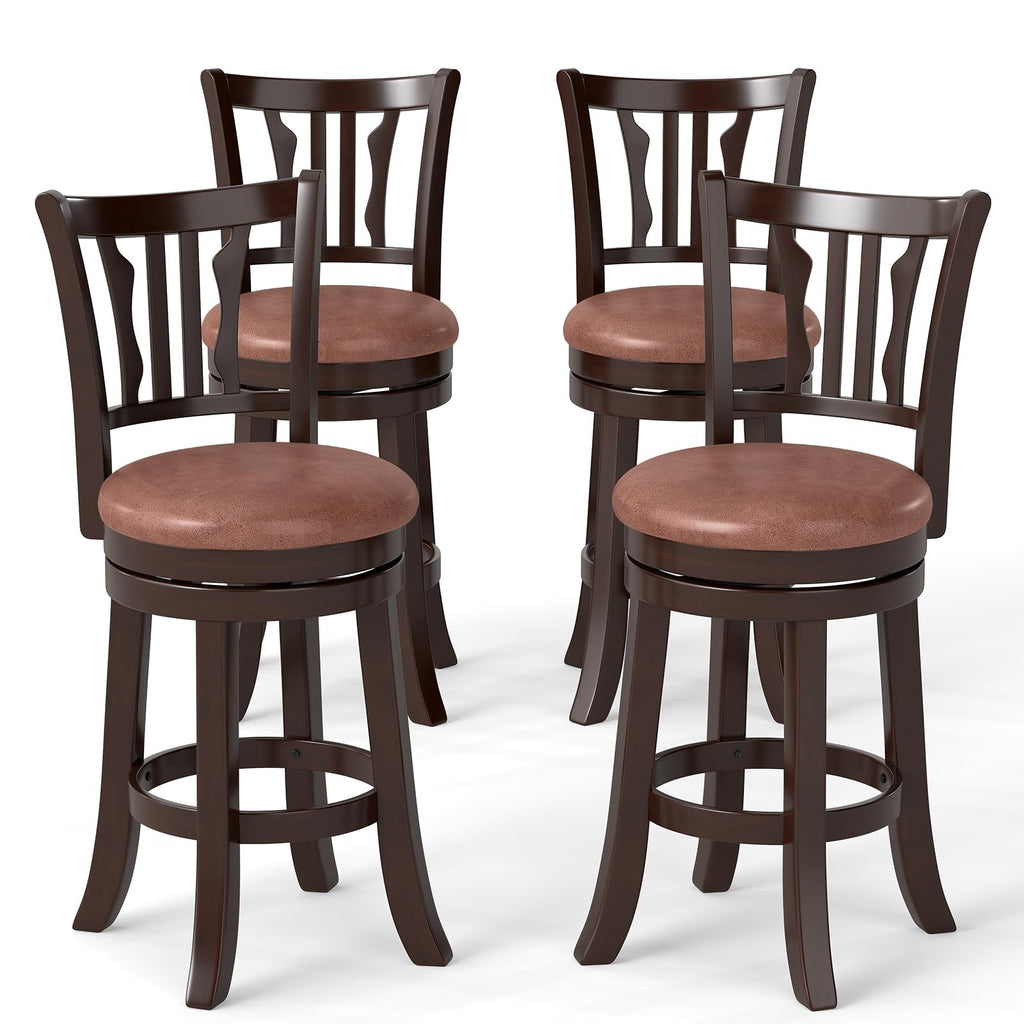 COSTWAY 26" Counter Height Stools Set of 4, Swivel High-Top Chairs with Backrest & Faux Leather Padded Seat, Rubber Wood Counter Barstools with Footrest for Kitchen, Dining Room, Pub (4,26'')