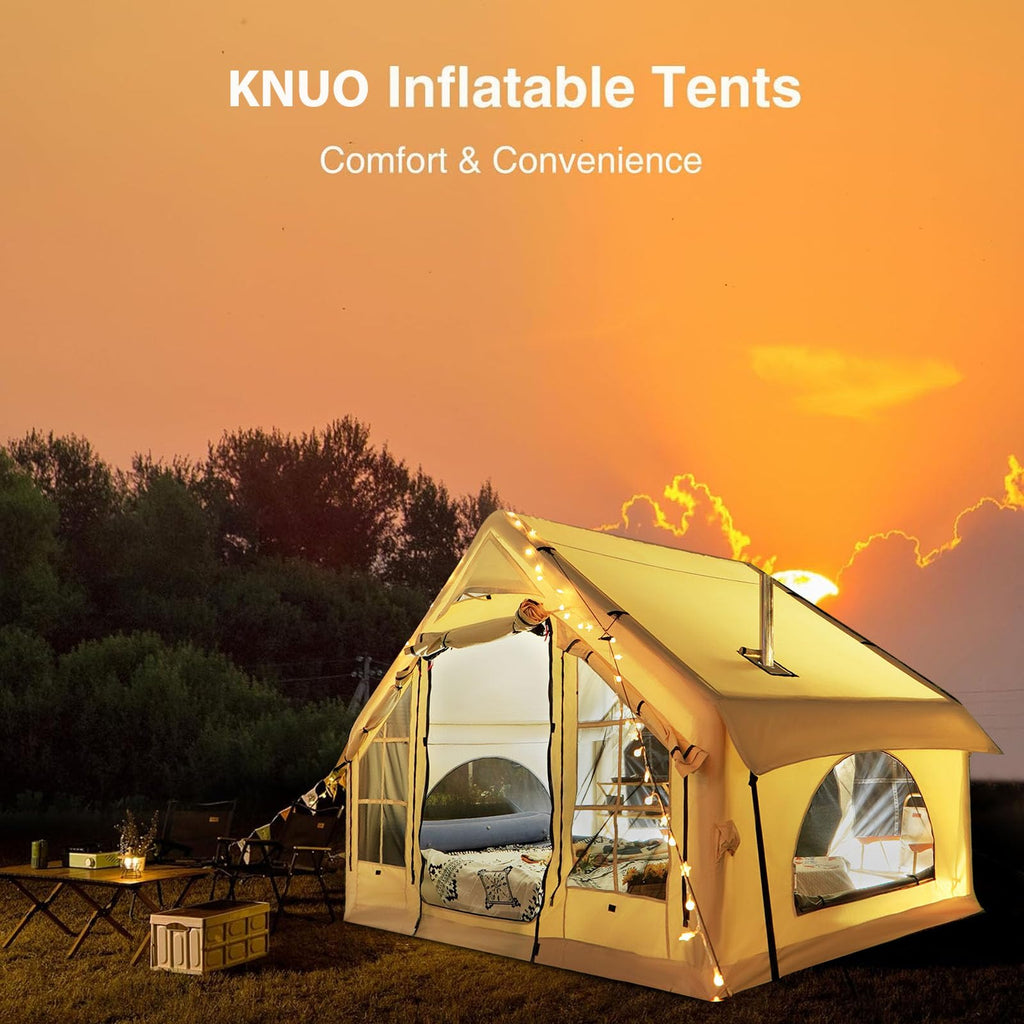 KNUO 2026 Upgraded Waterproof Inflatable Camping Tent for 2~4 People, Large Blow-Up Air Tent, No Assembly Needed Luxury Glamping House, 10x7.2ft Oxford Fabric, Beige
