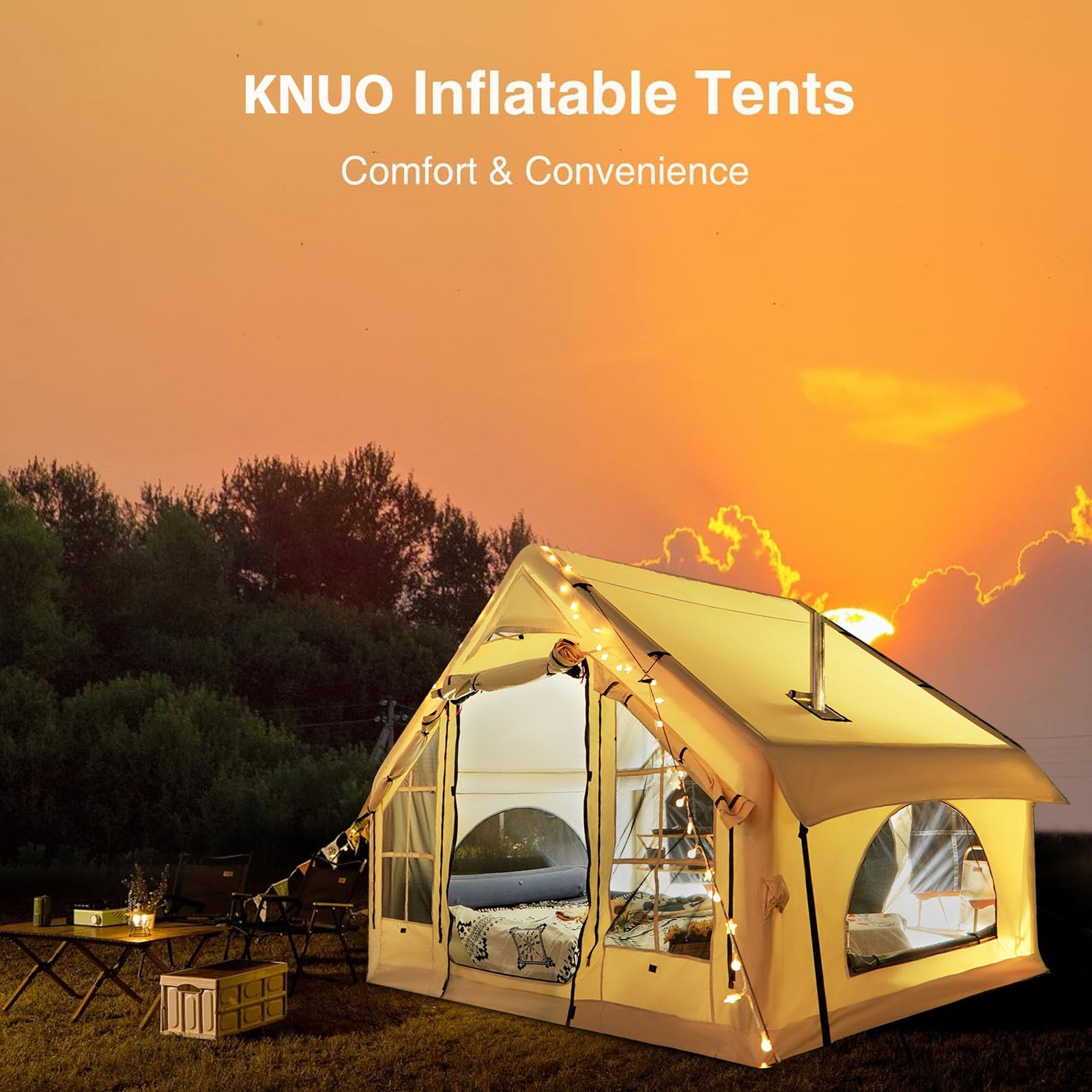 KNUO 2026 Upgraded Waterproof Inflatable Camping Tent for 2~4 People, Large Blow-Up Air Tent, No Assembly Needed Luxury Glamping House, 10x7.2ft Oxford Fabric, Beige