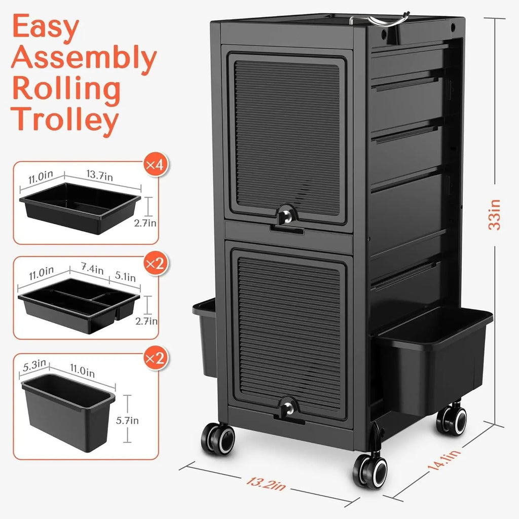 Trolley Premium Lockable Salon Trolley Cart with Wheels and 6 Drawers 2 Bucket,Versatile Salon Cart Hair Trolley on Wheels