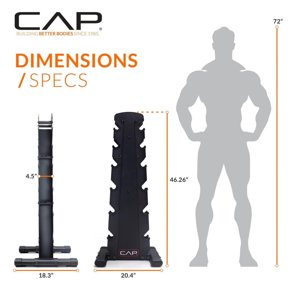CAP 210 lb Rubber Coated Hex Dumbbell Set with Vertical Rack, Space-Saving Storage for Home Gym Strength Training, Chrome Handle, Black Rack