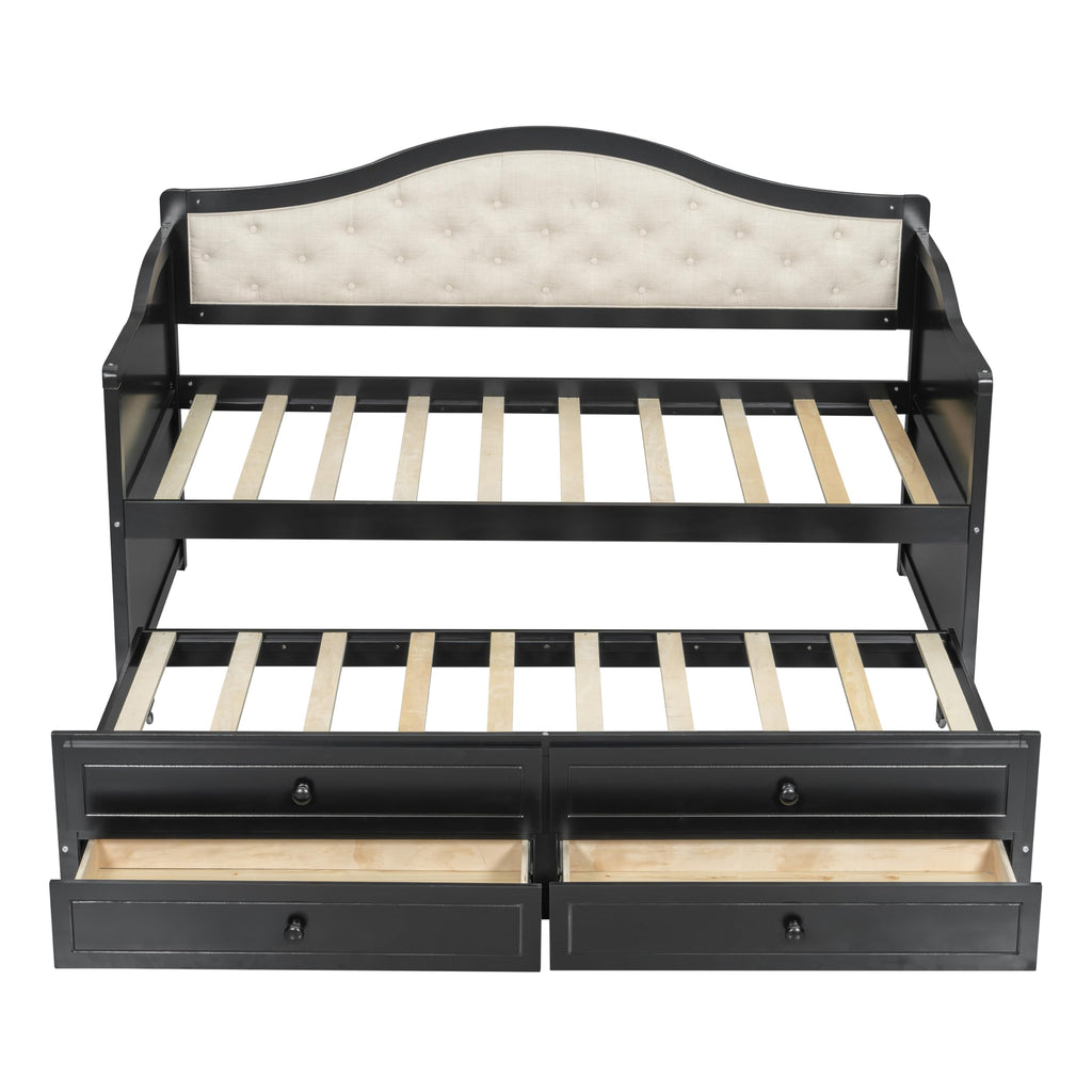 GDFStudio Twin Daybed with Trundle and 2 Storage Drawers, Upholstered Button Tufted Wooden Daybed Sofa Bed, Twin Size Pull Out Trundle Bed Frame for Living Room Bedroom Guest Room, Black