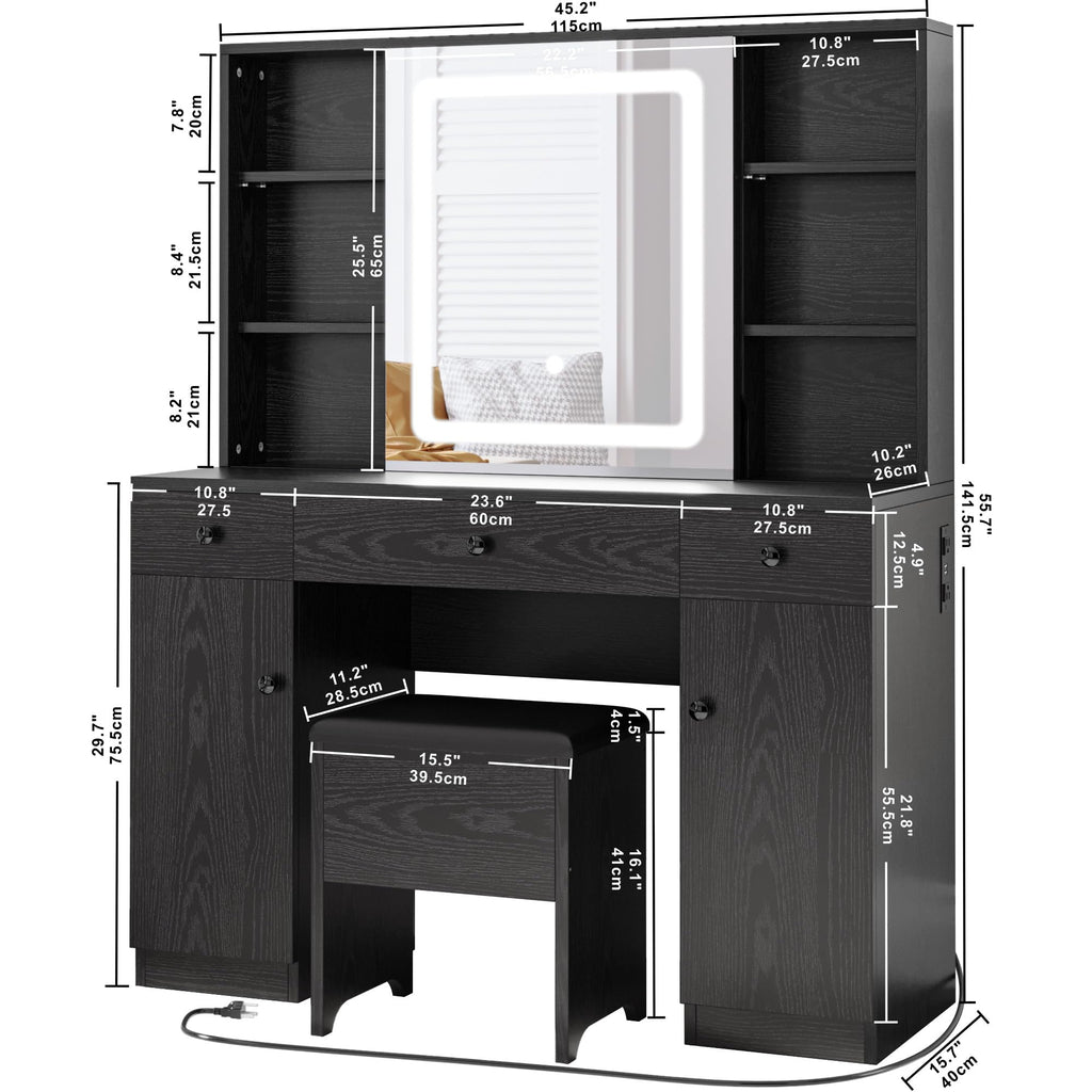 IRONCK Vanity Desk Set with Large LED Lighted Mirror & Power Outlet, 7 Drawers Vanities Dressing Makeup Table with Storage Bench, for Bedroom, Industrial Style Black