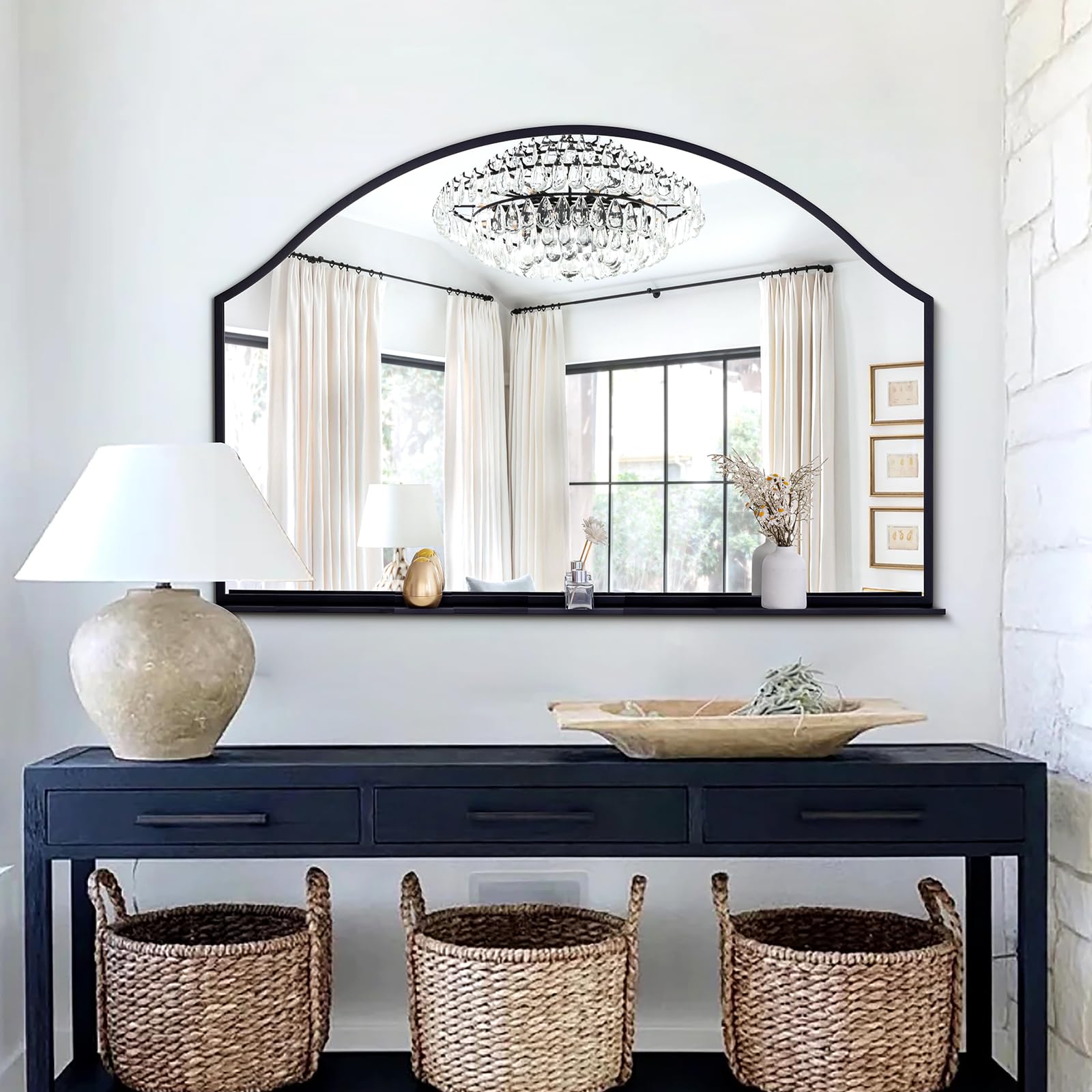 Chende 47''x32'' Large Wall Mirrors for Decor, Black Bathroom Mirror with Removable Shelf, Elegant Scallopd Mirror with Arched Frame for Entryway, Living Room, Mantel, Bedroom