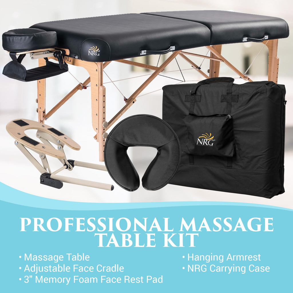 NRG Vedalux Portable Massage Table Package | Black | Folding Lightweight Massage Bed | Professional Spa Table with Face Cradle, Hanging Armrest & Carrying Case