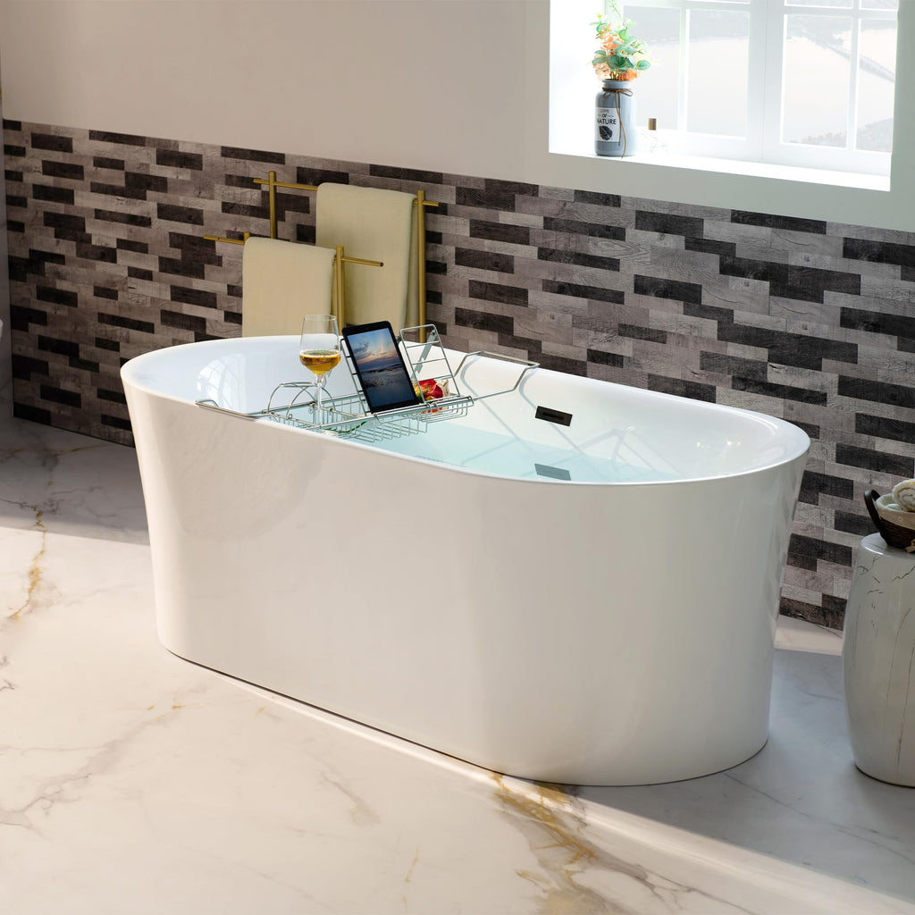 WOODBRIDGE 59" Acrylic Freestanding Bathtub Contemporary Soaking Tub with Matte Black Overflow and Drain,White Tub,B0058-MB