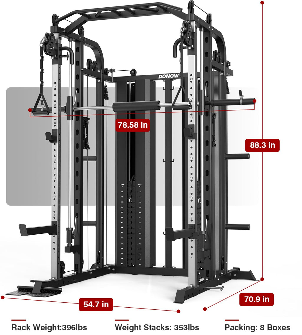 DONOW Smith Machine with Weight Stacks, Multi Function Home Gym System Training Power Cage Squat Rack Dual Cable Crossover Machine All in One