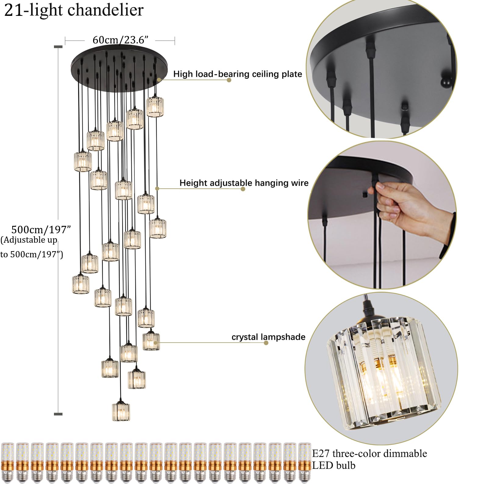 Meimond Long Chandeliers for High Ceilings,Modern Crystal Pendant Light,Raindrop Drop Lamp,Hanging Flush Mount Lighting Fixtures for Spiral Staircase,Foyer,Entryway,Living Room,Black (21 Lights)