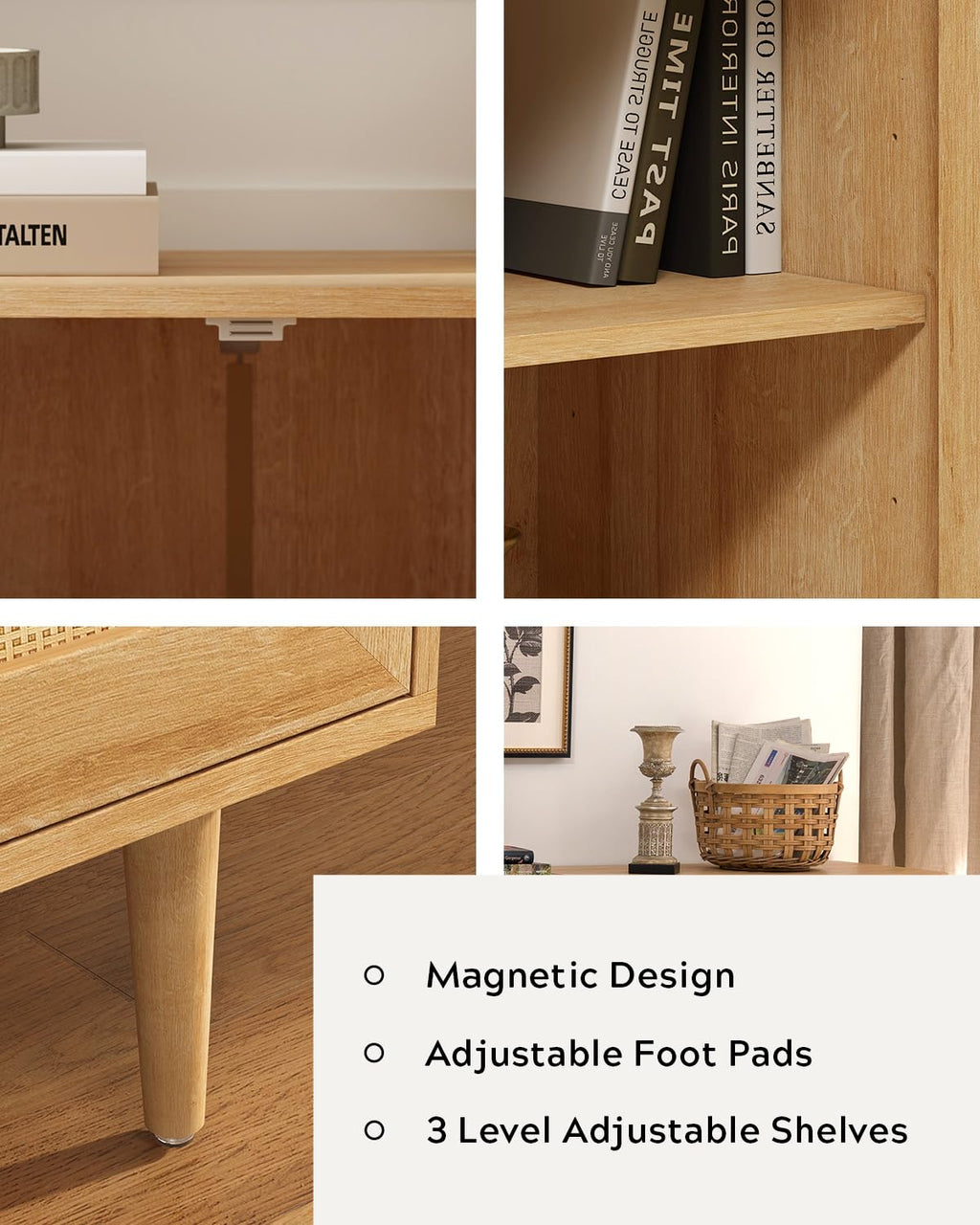 MoomJiee Rattan Door Storage Cabinet with Adjustable Shelves, Set of 2 New Wood Buffet Cabinet with Magnetic Design, Large Buffet Sideboard for Kitchen Living Room, Natural Oak