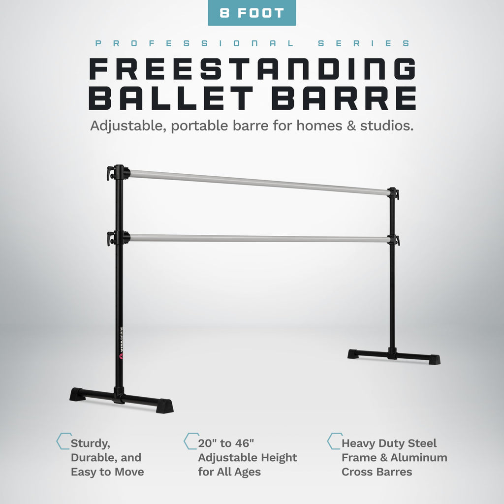 VITA Barre Portable Freestanding Double Ballet Barre, Professional, 8 Ft Bars, Black, Aluminum | Adjustable Height, Made in USA, Home or Gym Exercise Equipment for All Ages | Dance, Fitness, Pilates