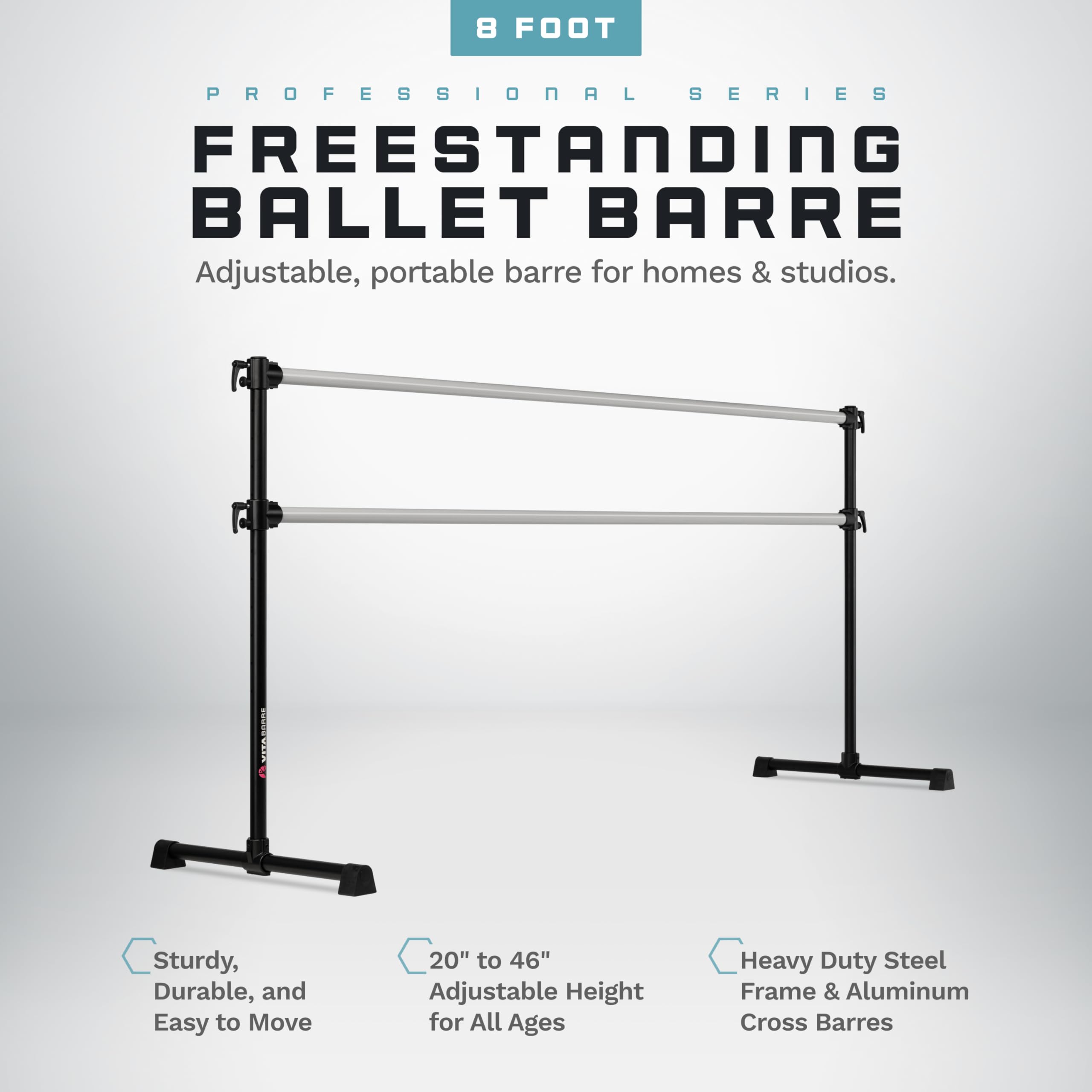 VITA Barre Portable Freestanding Double Ballet Barre, Professional, 8 Ft Bars, Black, Aluminum | Adjustable Height, Made in USA, Home or Gym Exercise Equipment for All Ages | Dance, Fitness, Pilates