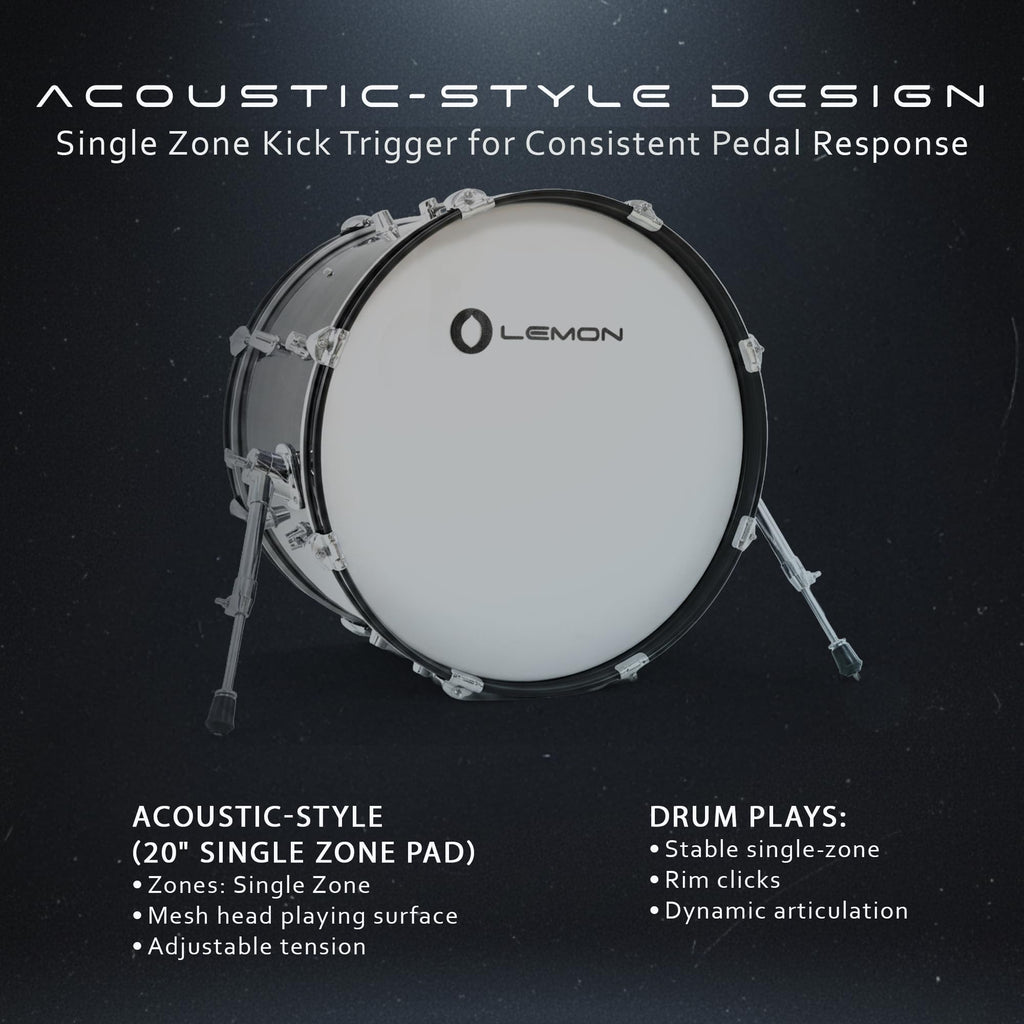 Lemon T950 Electronic Kick Drum - 20"x12" Single-Zone Mesh Bass Drum Trigger Pad, Acoustic-Style Wood Shell, Adjustable Tension, Works with Most Electronic Drum Modules, Quiet Practice, Full Size