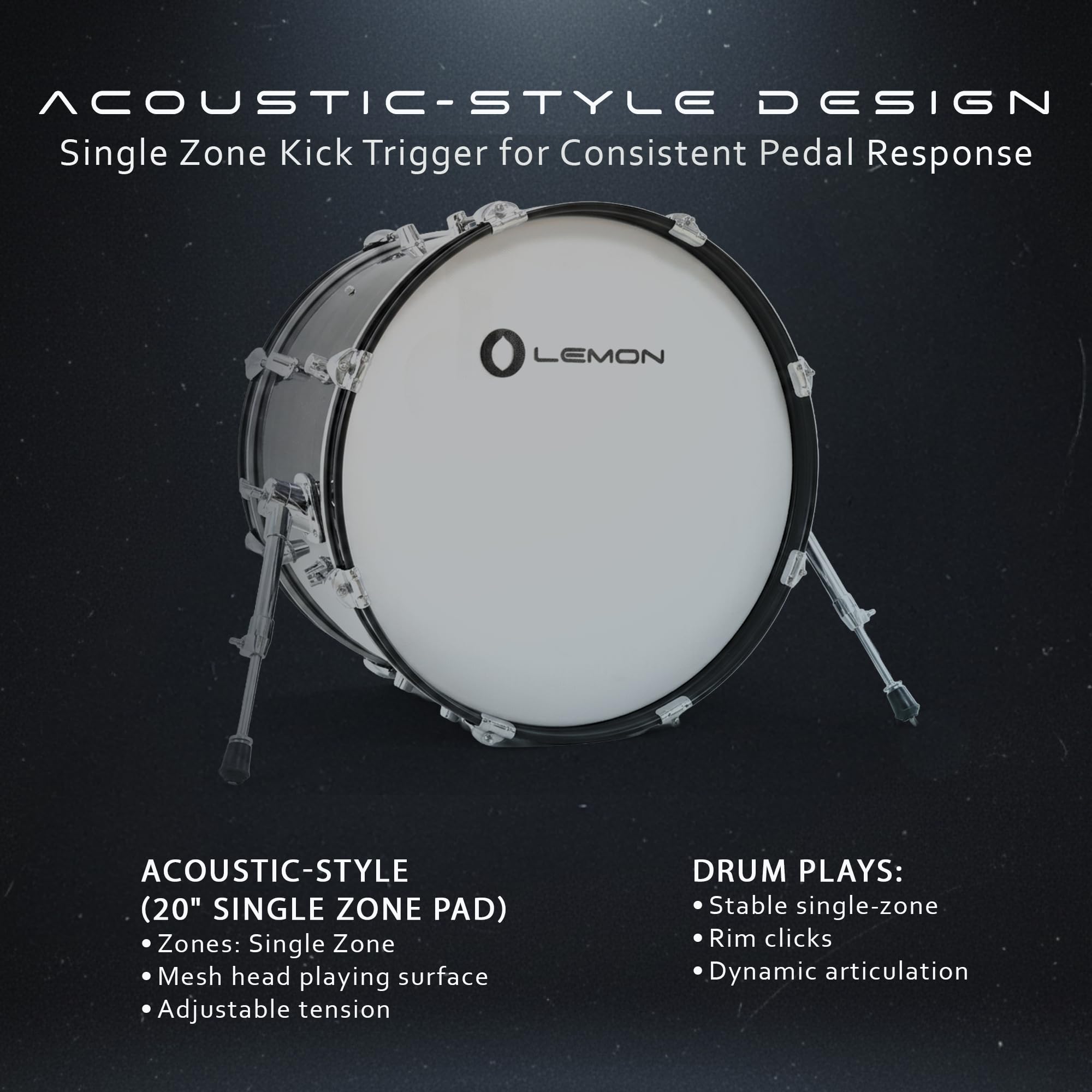Lemon T950 Electronic Kick Drum - 20"x12" Single-Zone Mesh Bass Drum Trigger Pad, Acoustic-Style Wood Shell, Adjustable Tension, Works with Most Electronic Drum Modules, Quiet Practice, Full Size