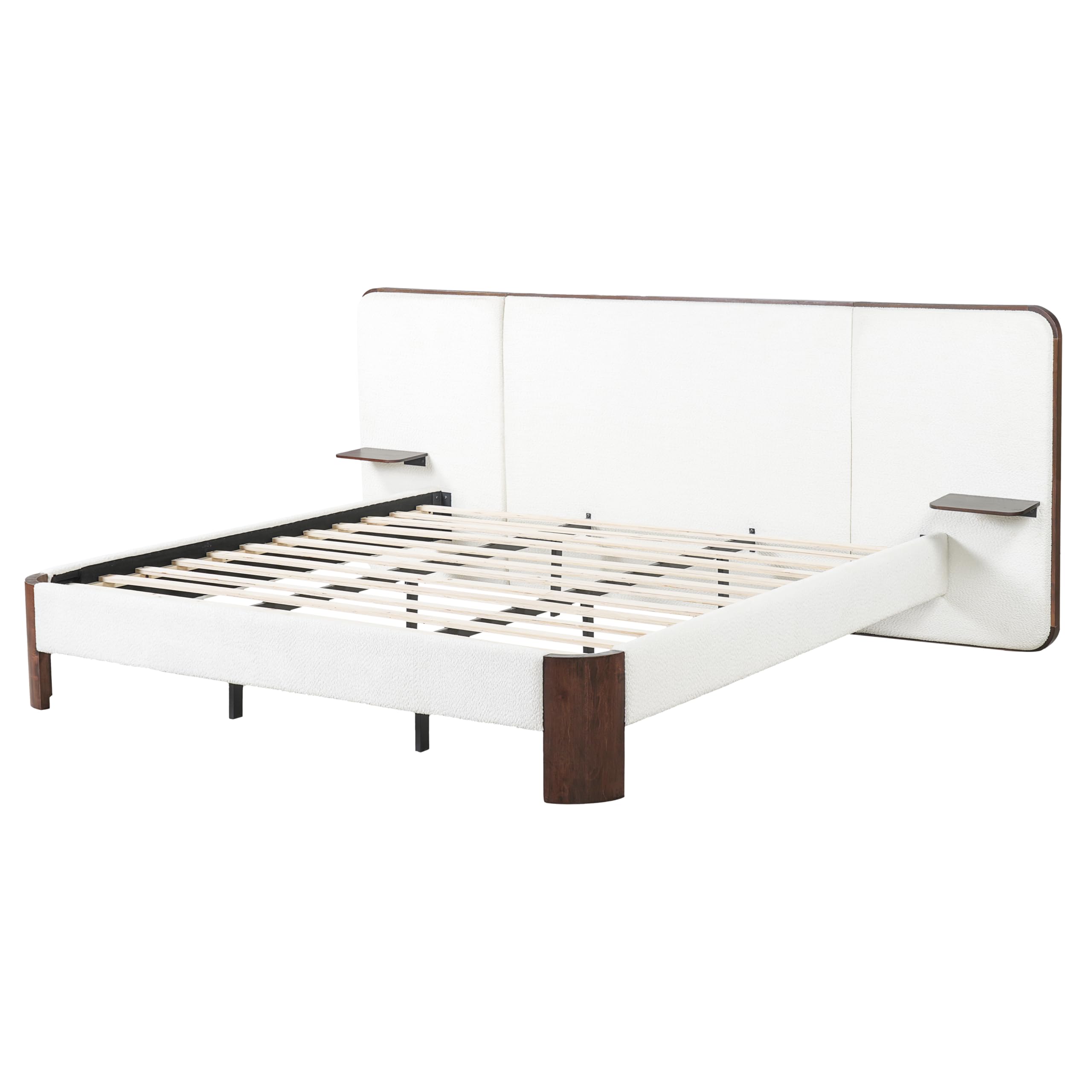 Merax King Size Upholstered Platform Bed Frame with Large Curved Headboard,Built-in Floating Shelves,Wood Slats and Metal Support for Bedroom,Noise-Free