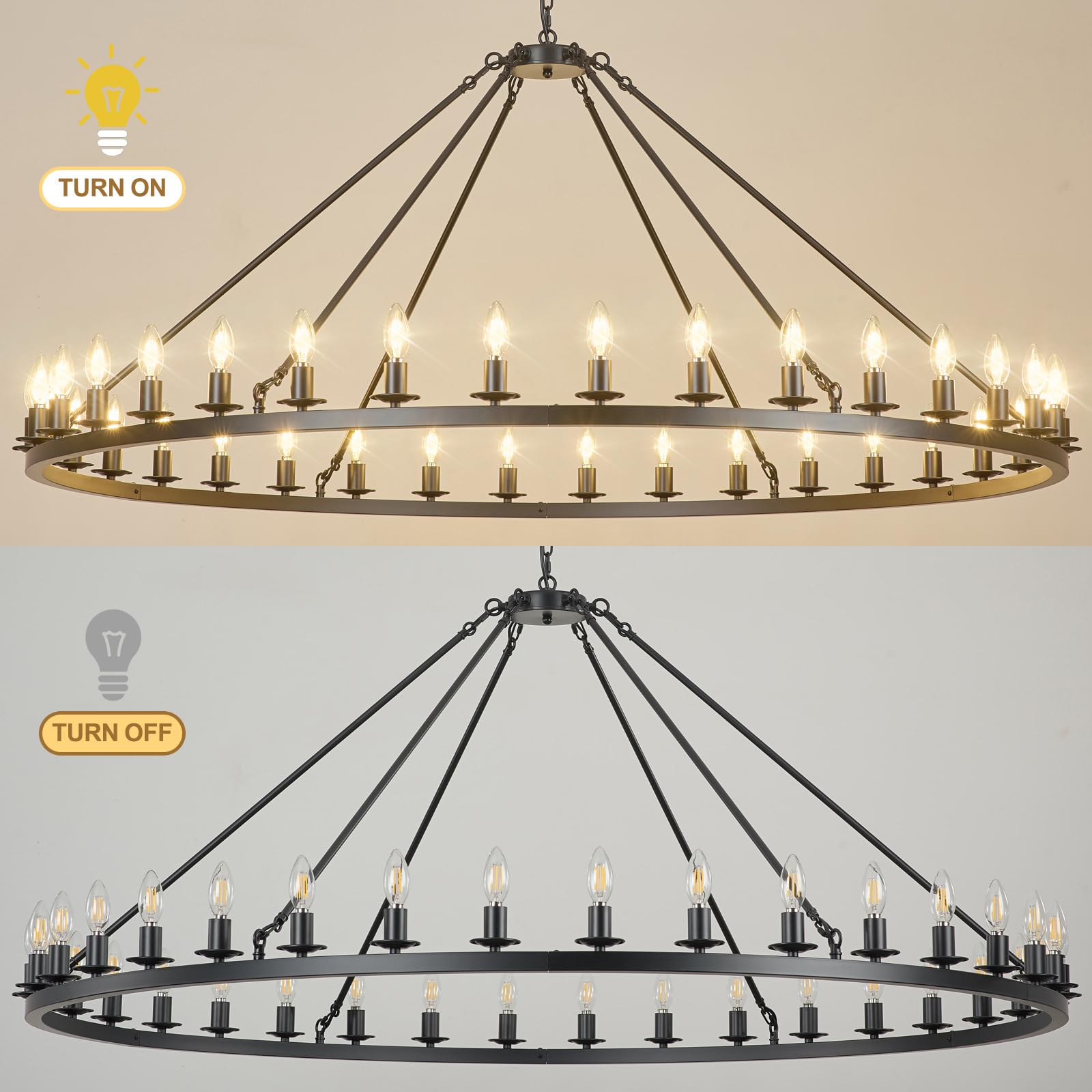 HermnJakk Black Wagon Wheel Chandelier 60-Inch 36-Light,Extra Large Round Rustic Farmhouse Chandelier Metal Circle Chandeliers for Dining Room Living Room High Ceilings
