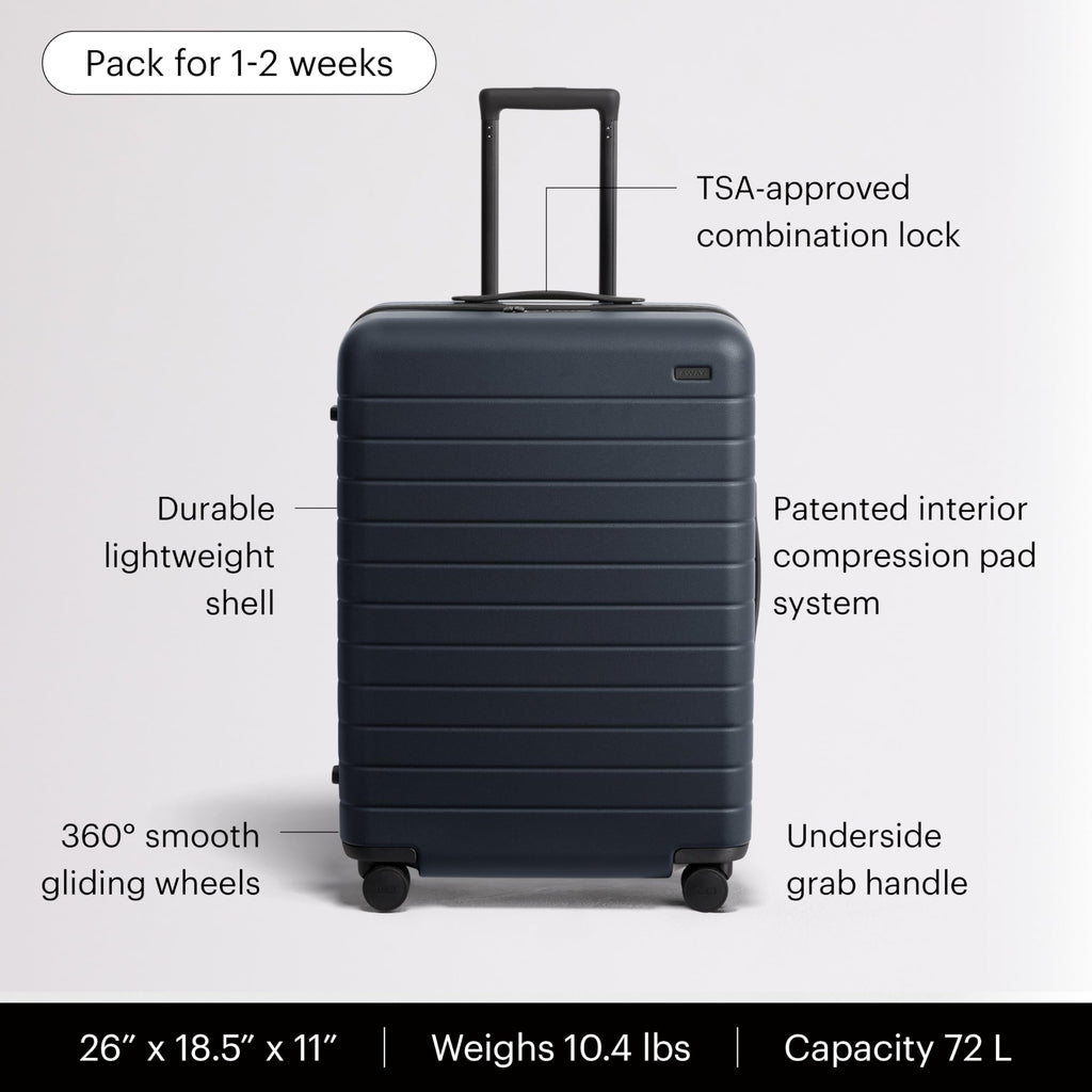 Away Medium Checked Luggage - 26-Inch Lightweight Hardside Suitcase with Custom WhisperGlide 360° Wheels, Interior Compression System, TSA-Accepted Lock - Navy Blue